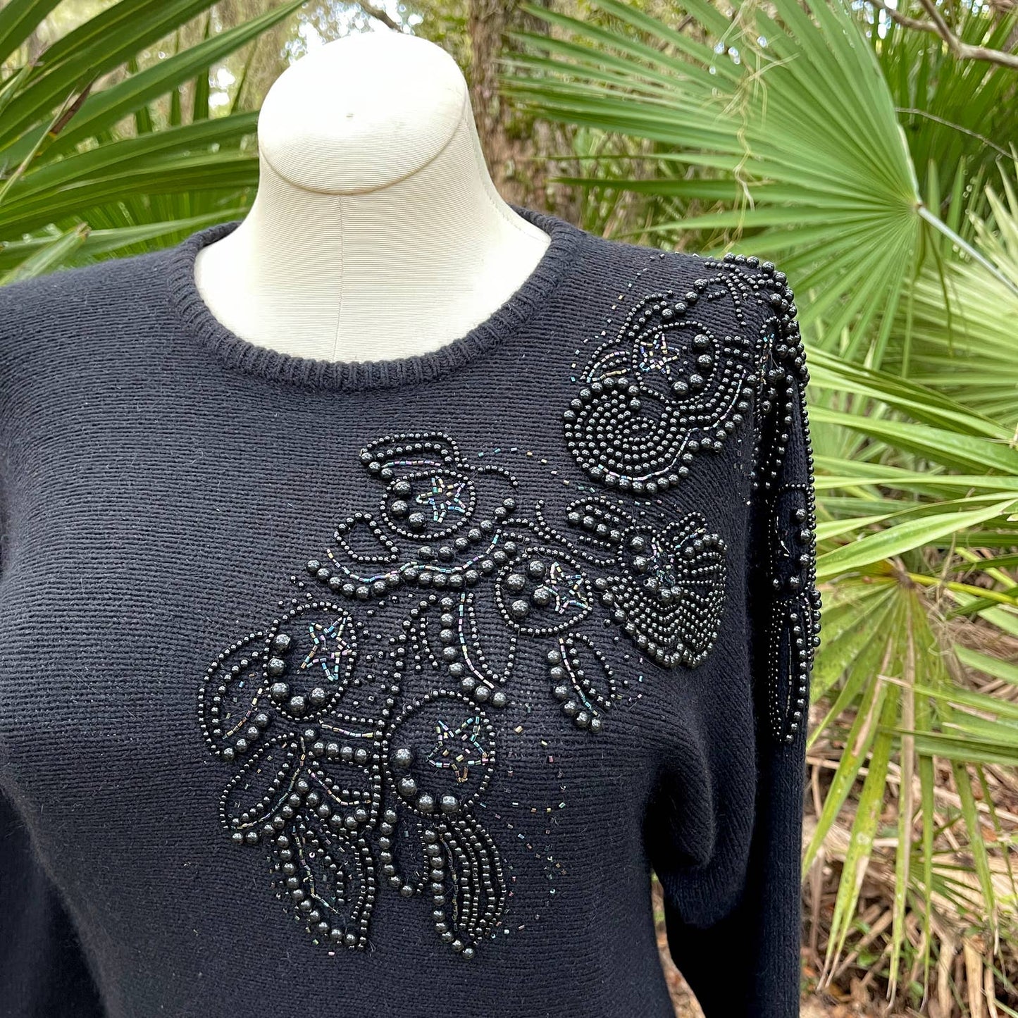 Vintage 90s Black Silk Blend Sweater Beaded Stars Anytime Glitz Size S