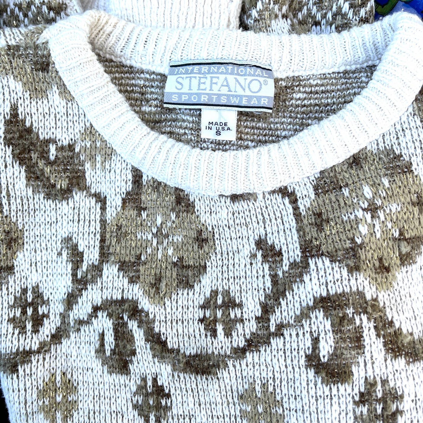 Vintage 80s Cream and Gold Floral Geometric Sweater Metallic by Stefano Size S