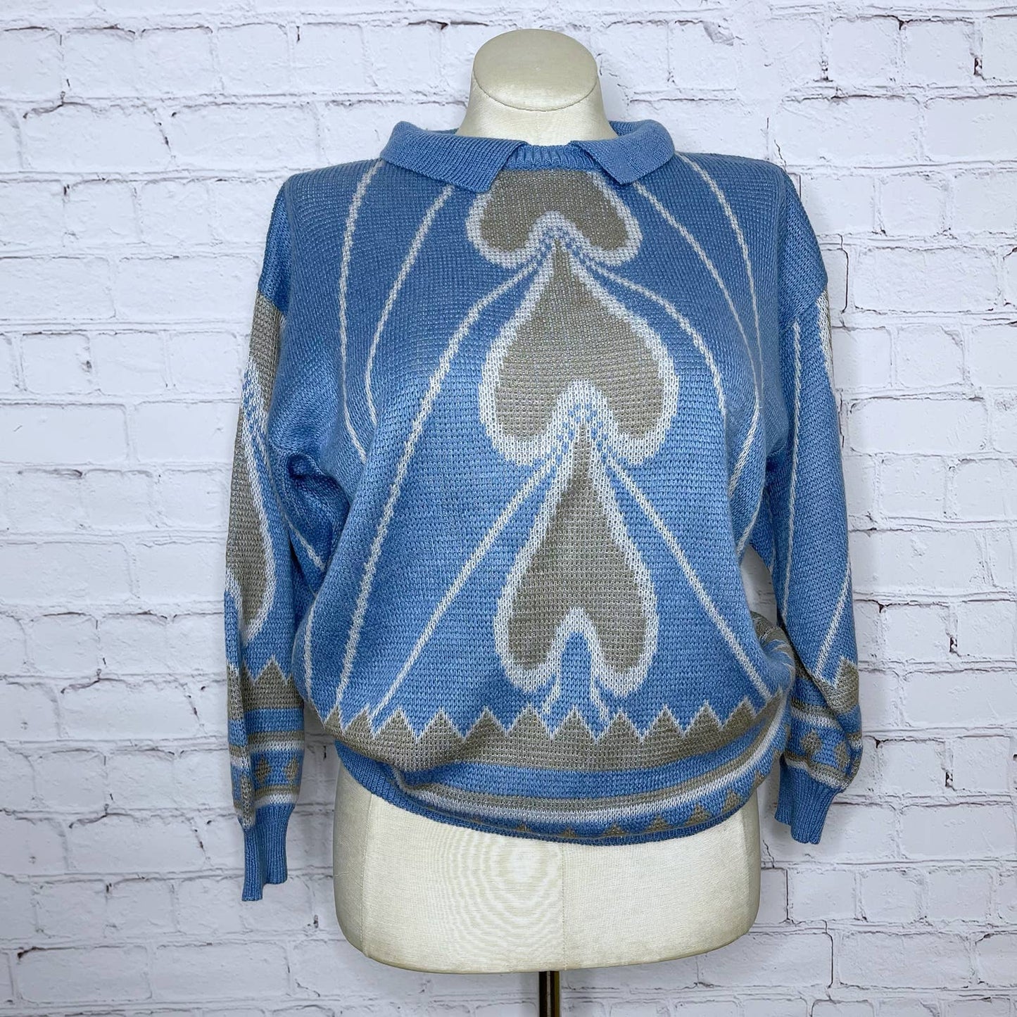 Vintage 70s Spade Sweater Blue and Taupe Collared Pullover Long Sleeves Size M