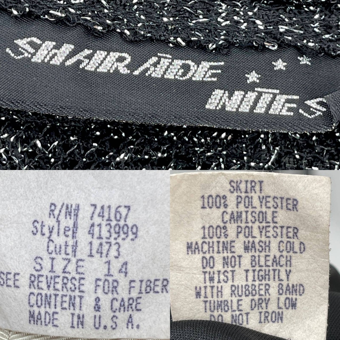 Vintage 80s Black Silver Drop Waist Maxi Dress Open Knit Shell Sharade Nites 14