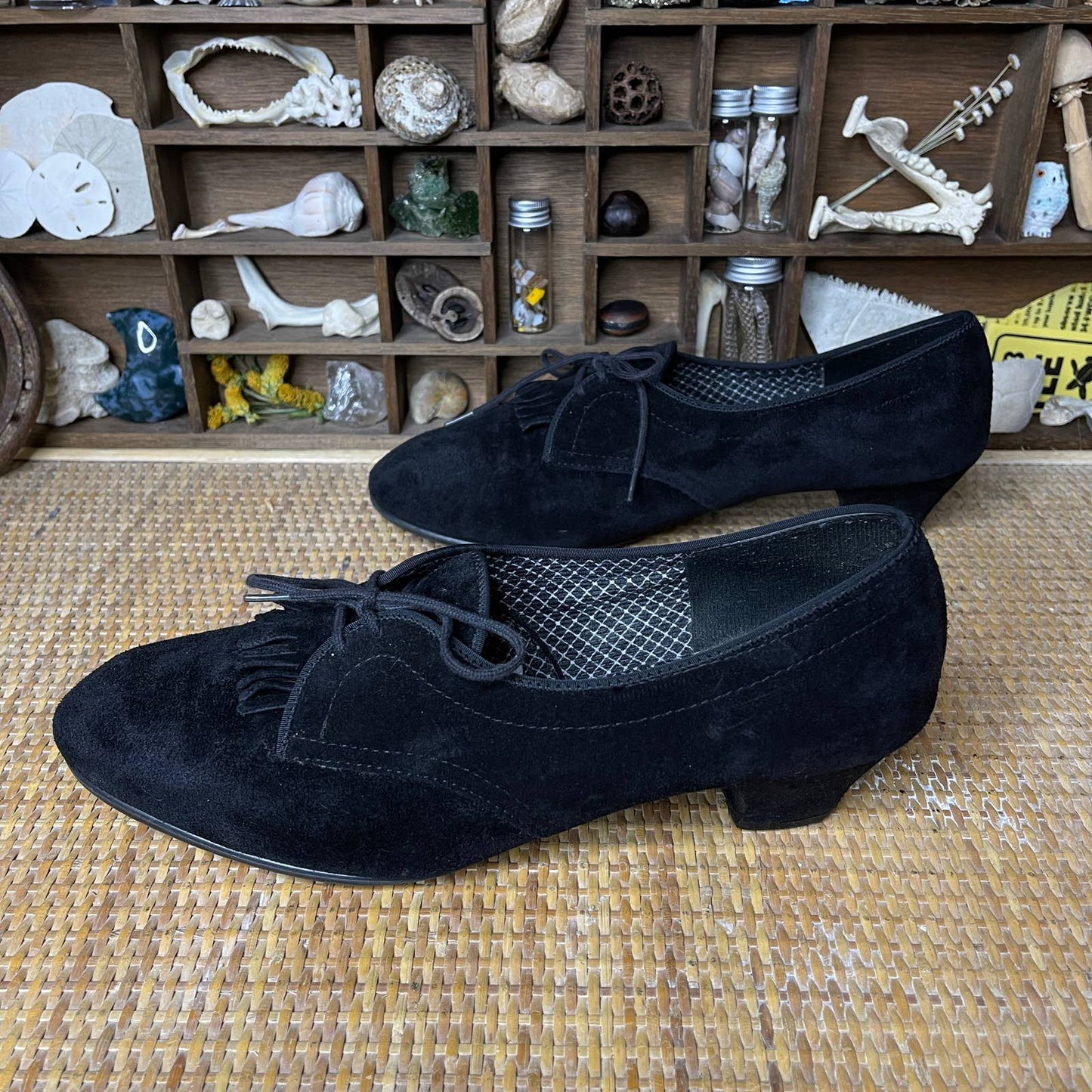 Vintage 90s Black Suede Kitten Heels Fringed Lace Up by Outdoorables Size 8