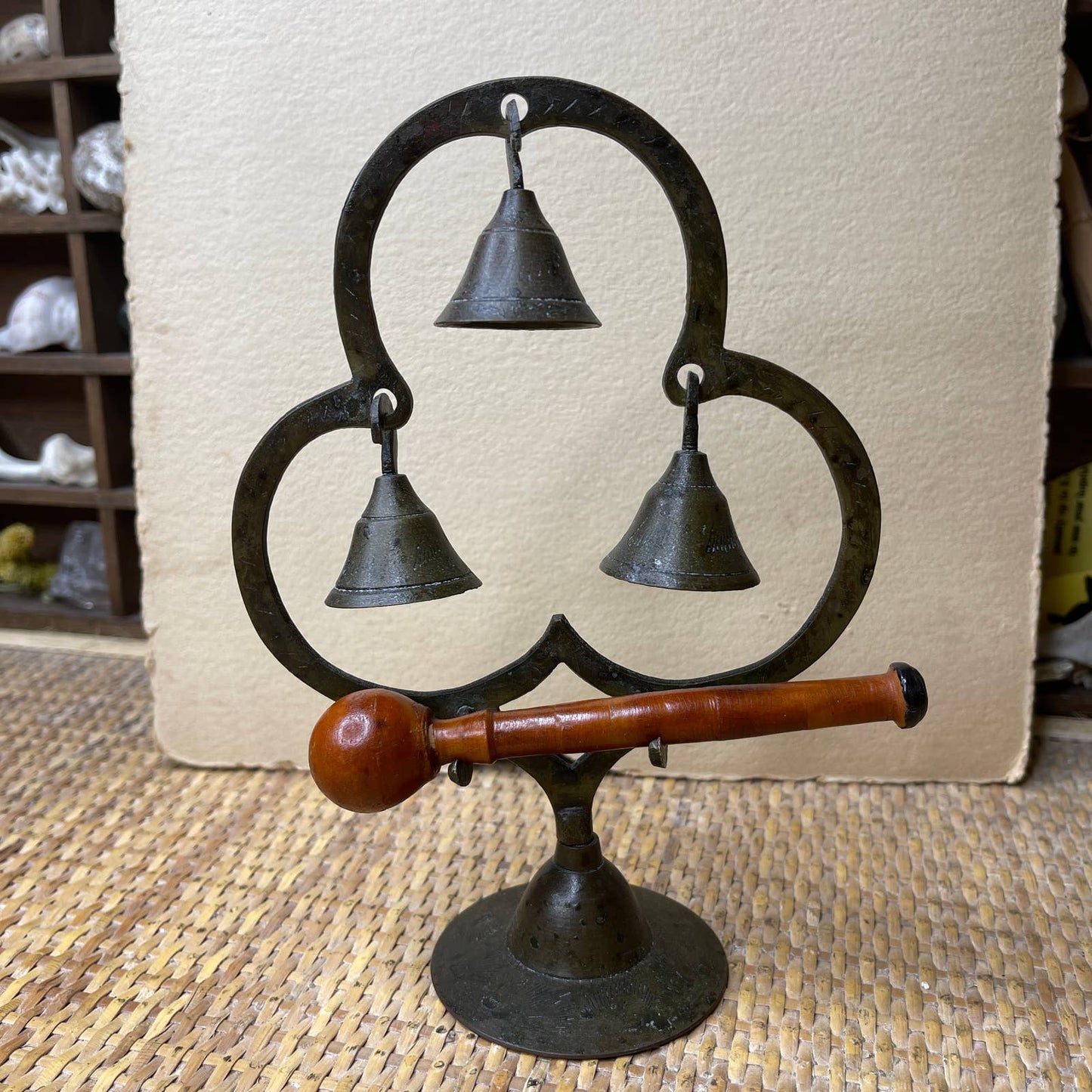 Vintage Brass 3 Bell Stand Clover Shaped with Wood Stiker Mallet