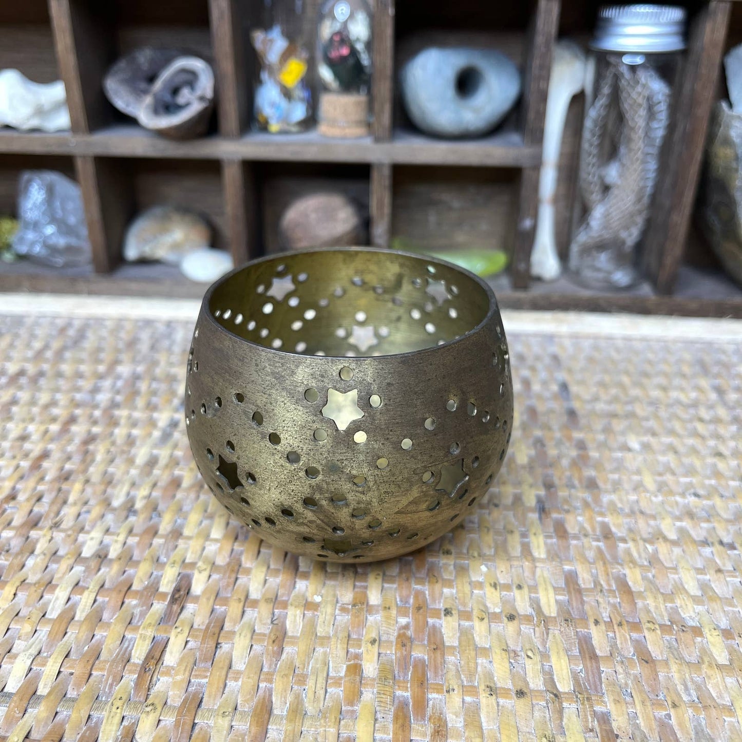 Vintage 90s Brass Candle Holder with Cutout Star Pattern Made in India