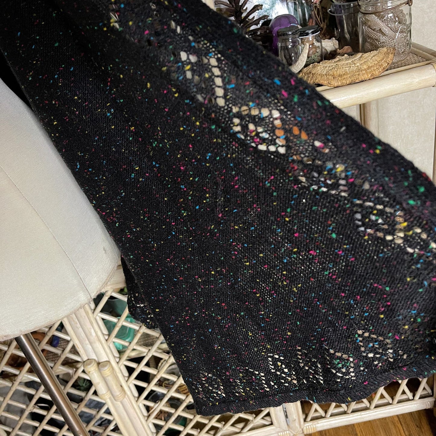 Y2K Black High Low Cardigan Bell Sleeves Open Knit Trim Colorful Flecks Go Fish