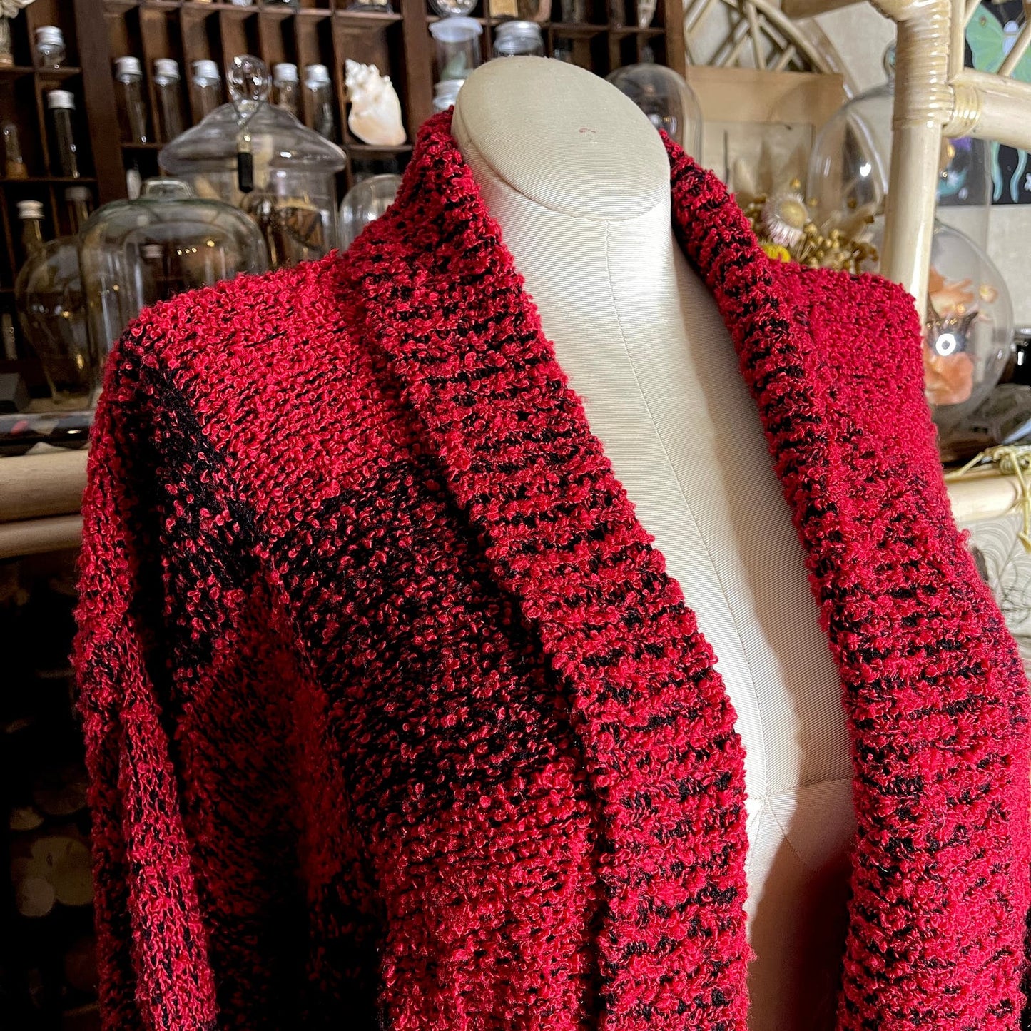 Vintage 80s Soft Boucle Cardigan Sweater Red Black Buffalo Plaid Long Pockets L