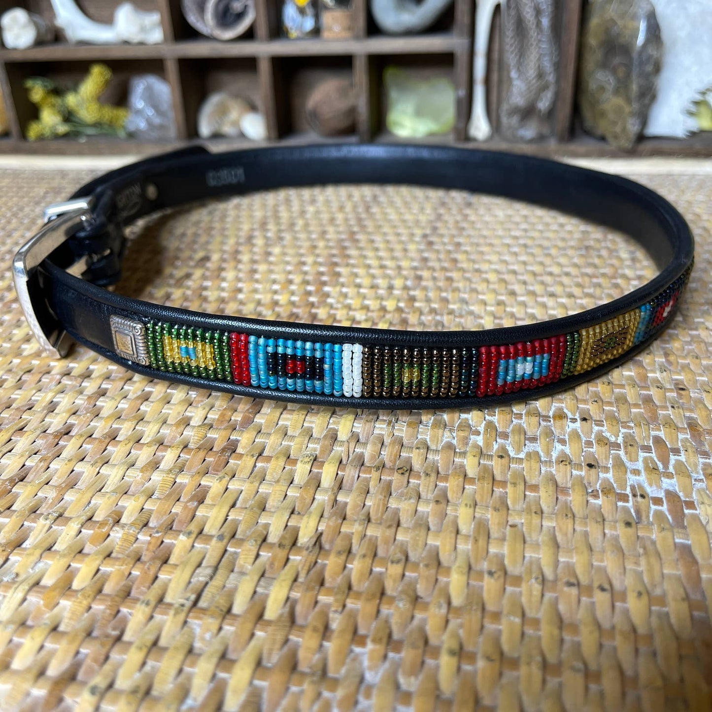 Vintage 90s Black Leather Belt with Beaded Geometric Design by Brighton Size S