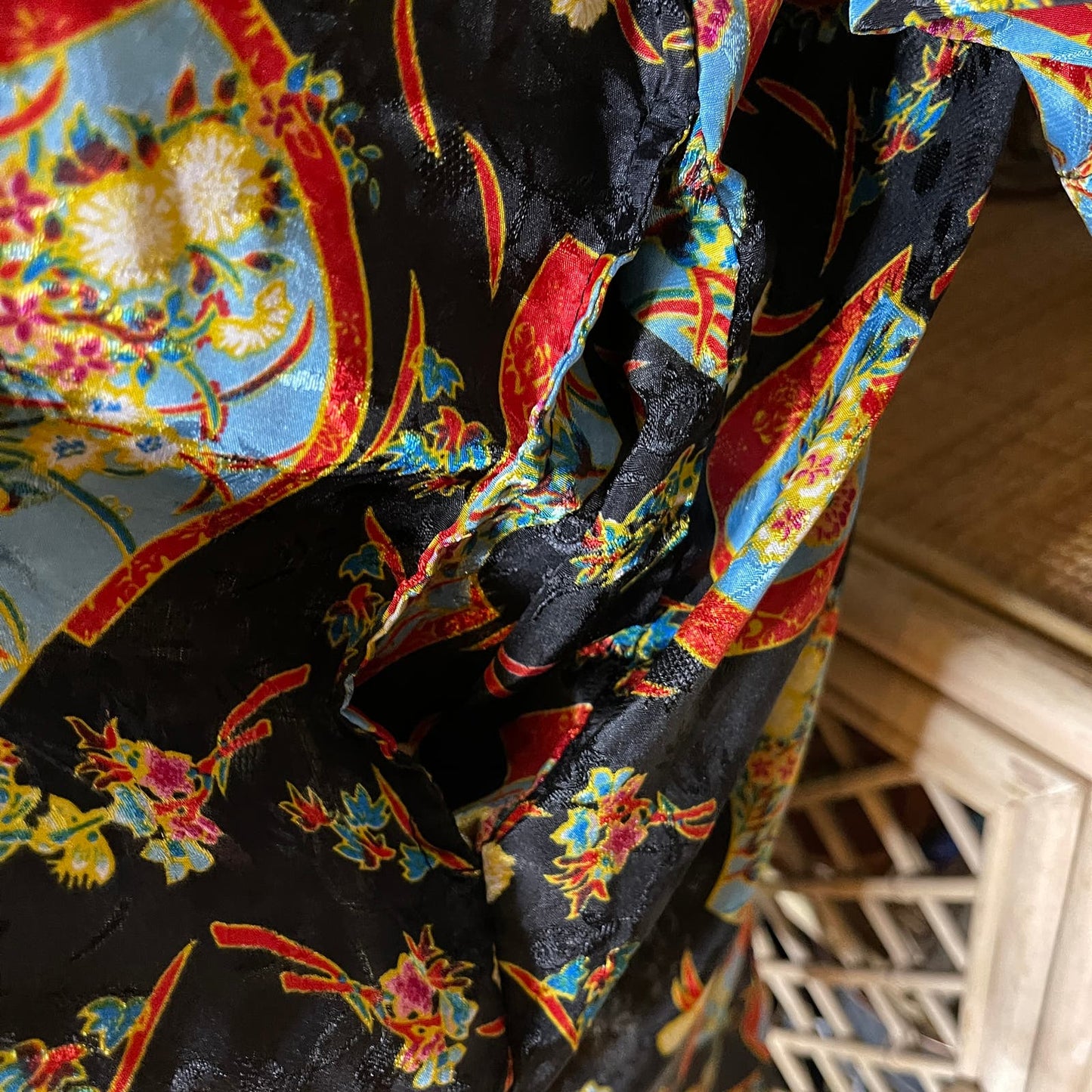 Vintage 80s Black Woven Satin Nightgown Shirt Asian Fan Design Pockets
