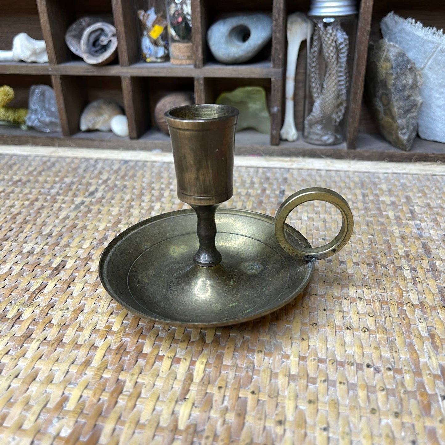 70s Vintage Brass Candlestick Holder with Ring Handle Antique Look