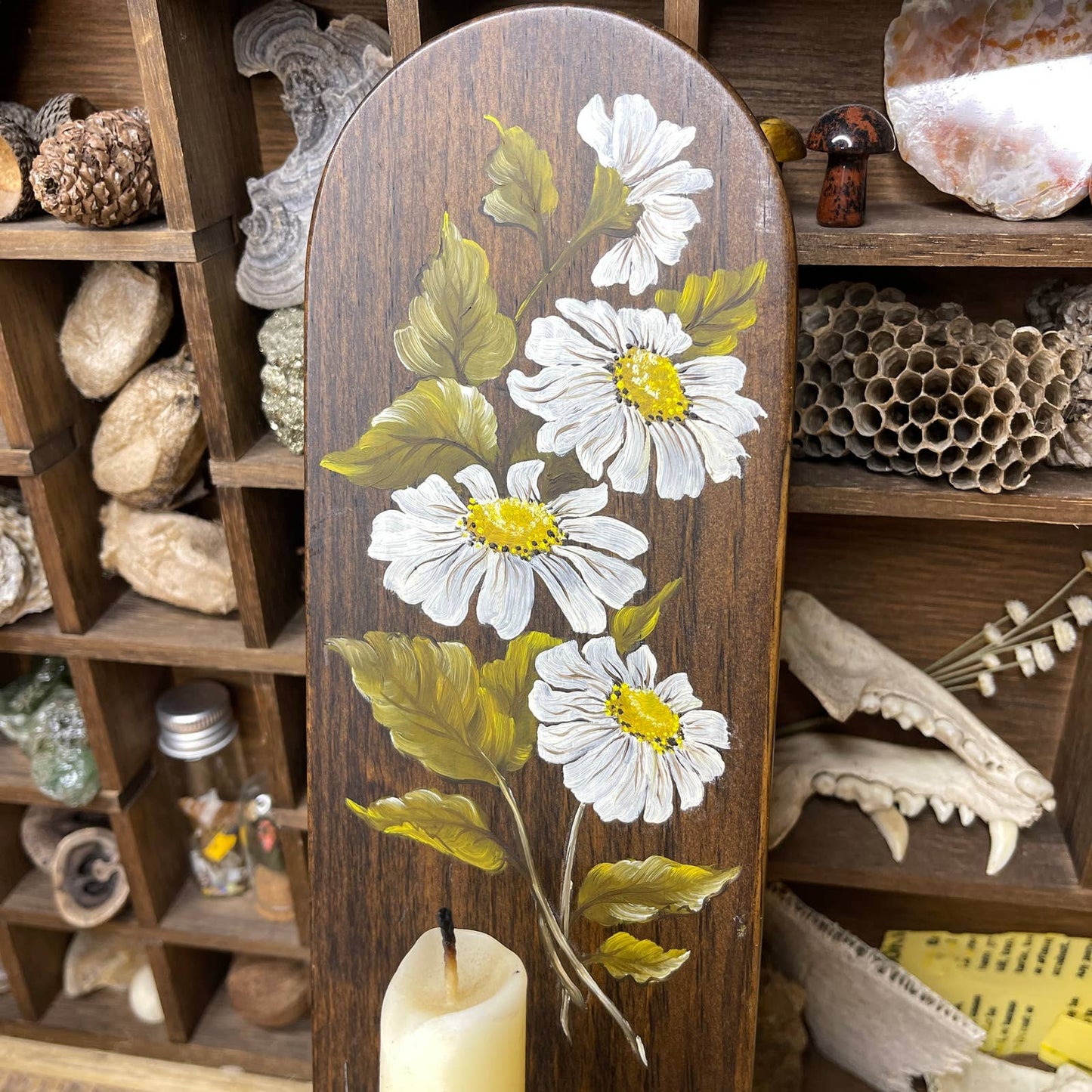 Vintage 70s Wood Sconce Candle holder Hand Painted with White Flowers