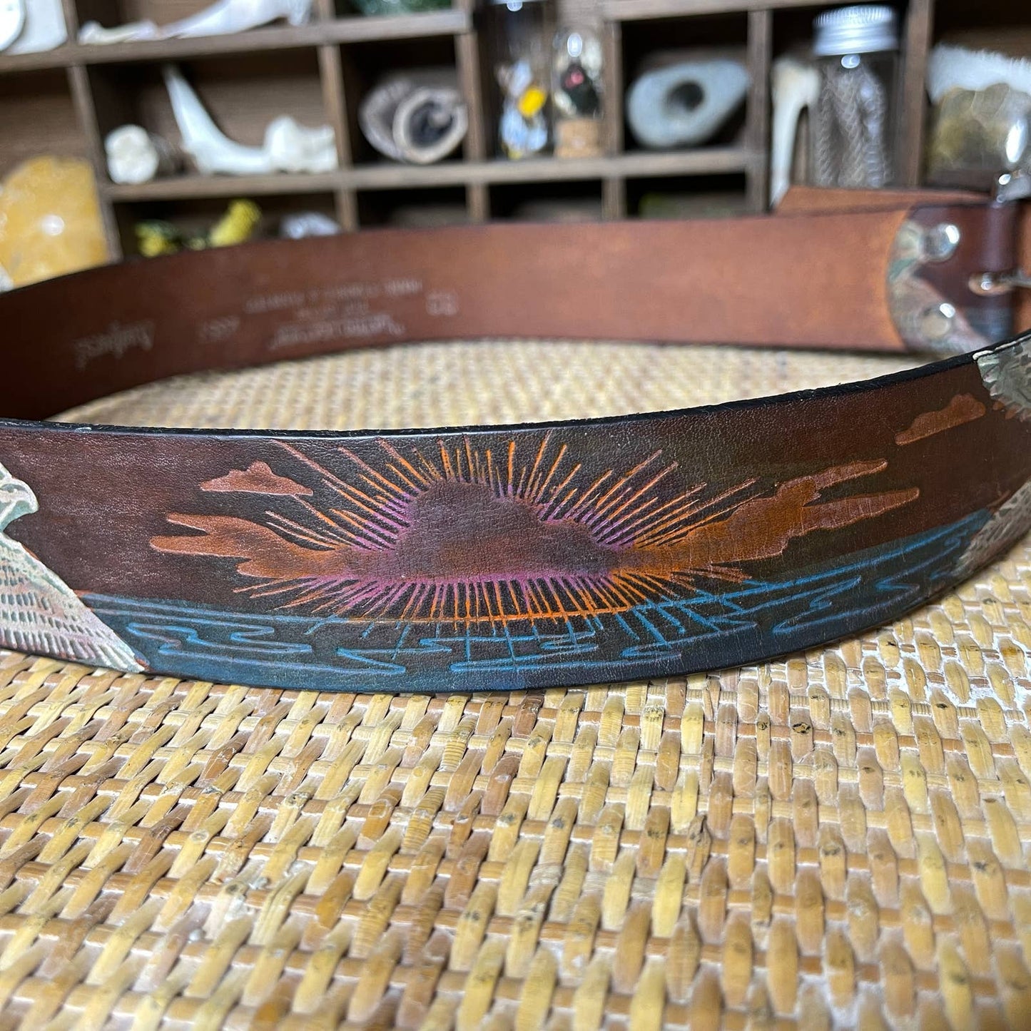 Vintage 70s Hand Painted Leather Belt Hawk or Falcon and Sunset Boho Size 32