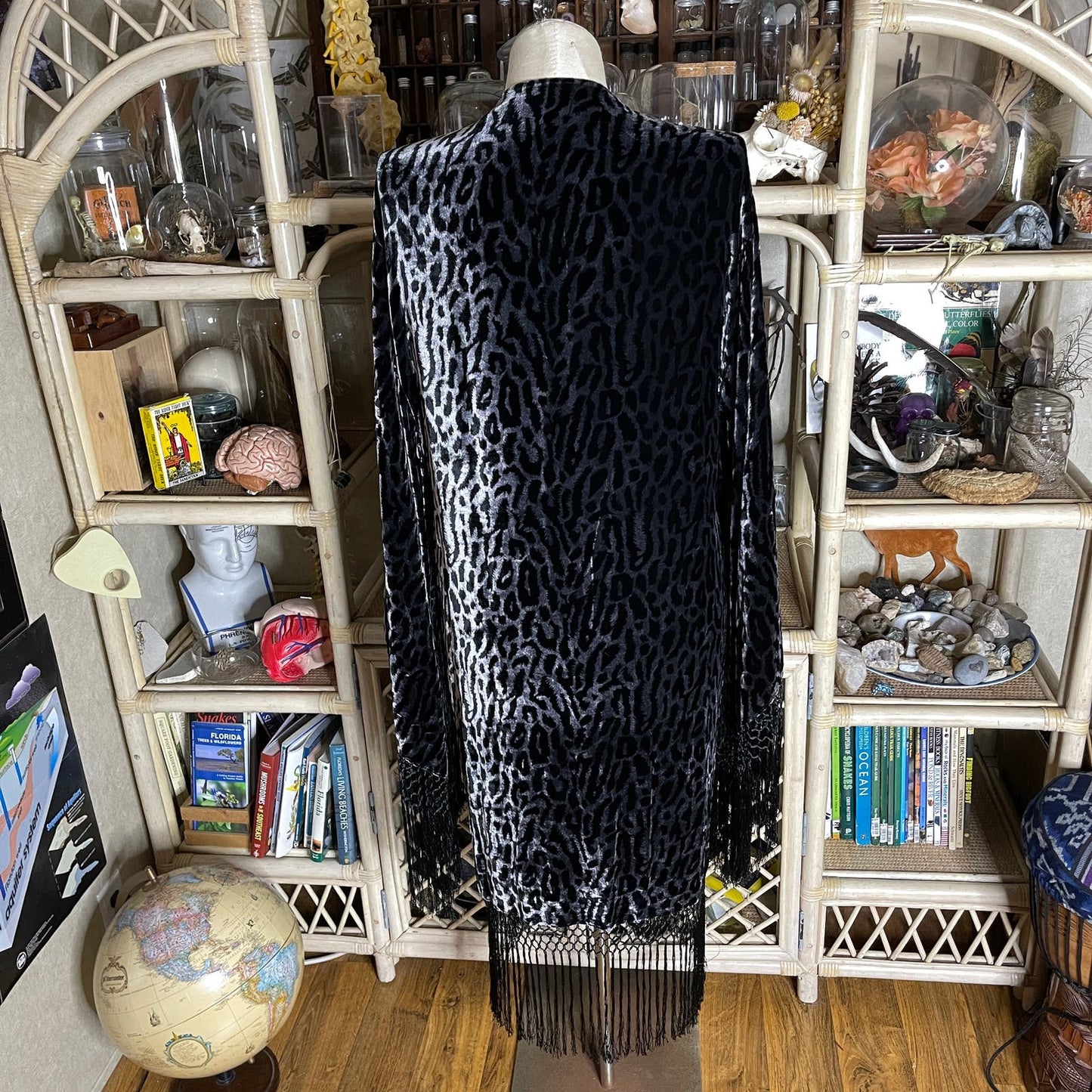 Haus of Denim and Lace Gray Leopard Print Duster Fringed Silk Velvet One Size