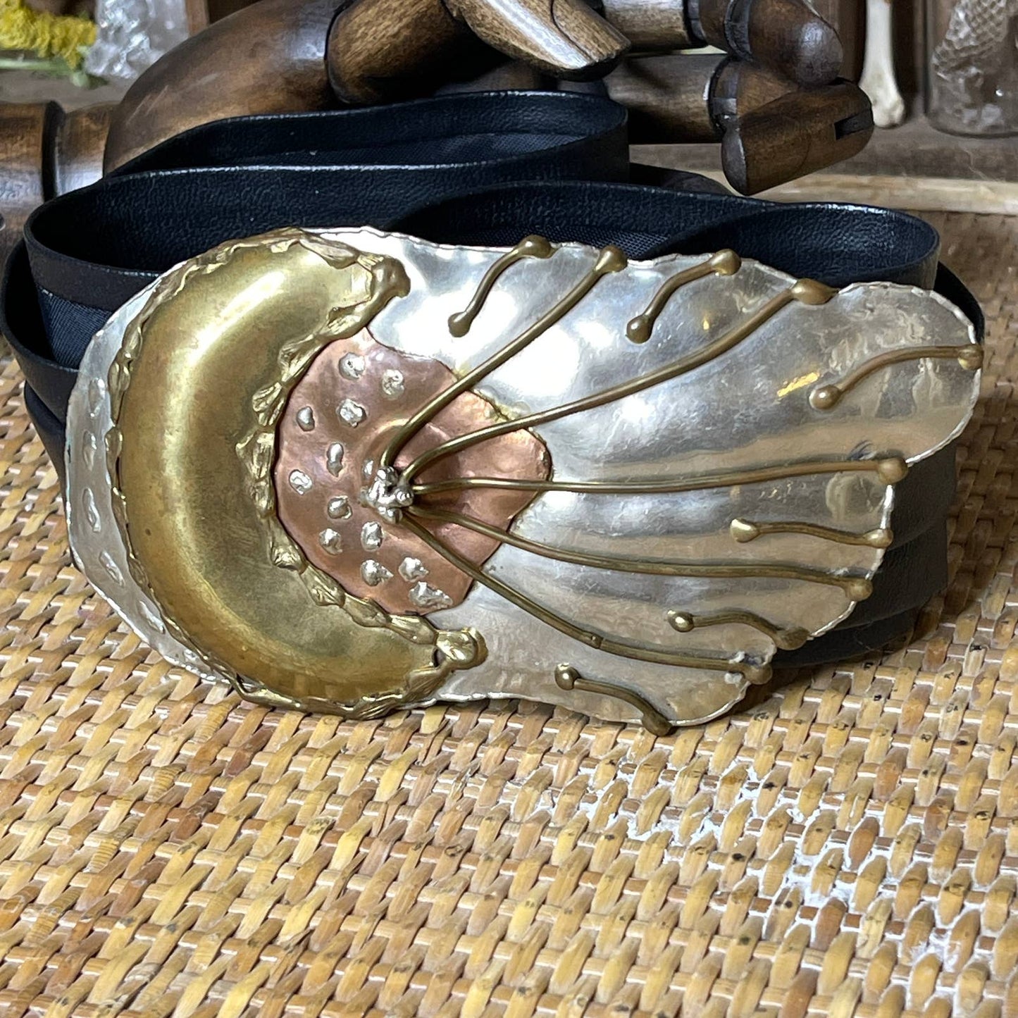 Vintage 80s Celestial Moon and Sun Belt in Brutalist Style Metal and Leather