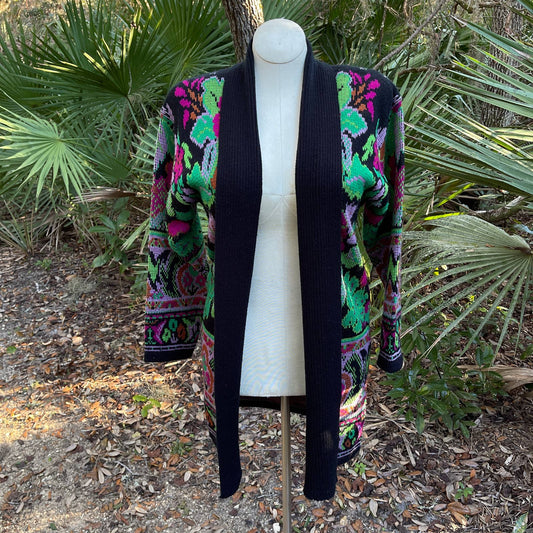 Accent Black Pink and Green Cardigan Sweater Open Front 80s Vtg Size M