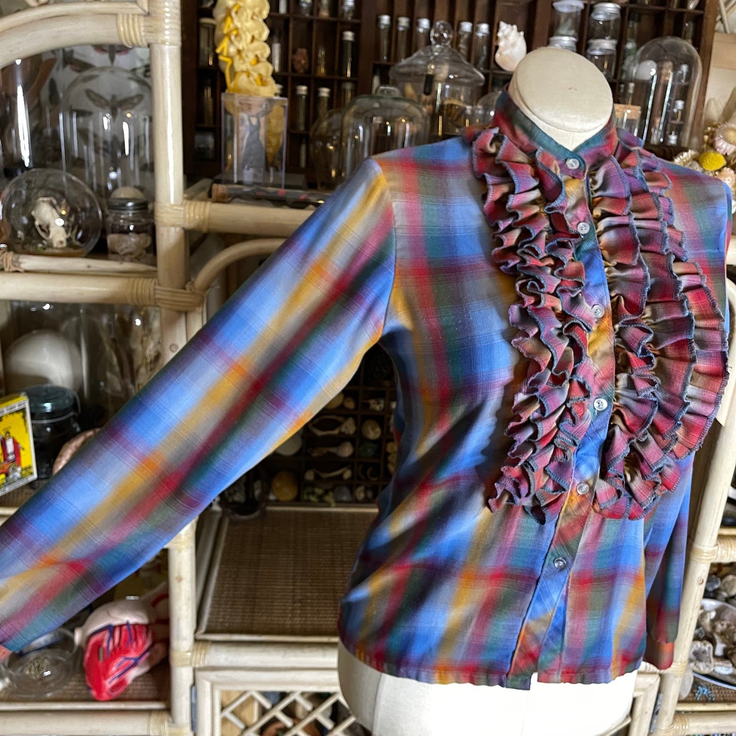 Vintage 80s Rainbow Plaid Button Up Shirt with Ruffle Front by Cheryl Tiegs 12