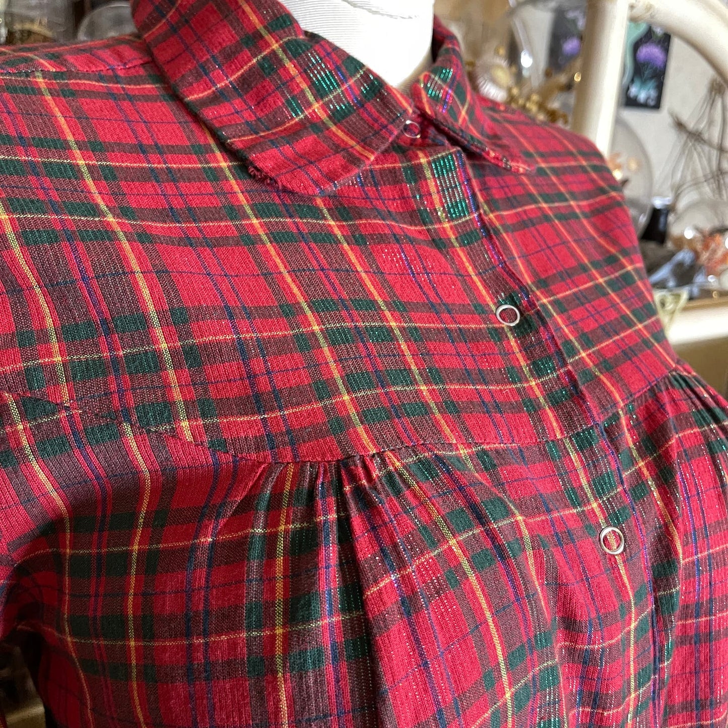 Vintage 90s Red Plaid Cotton Shirt with Lurex Stripes Peter Pan Collar Size M