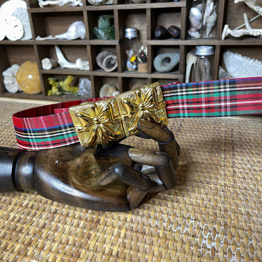 Vintage 90s Red Plaid Taffeta Belt Gold Toned Buckle of 2 Gifts by Paquette