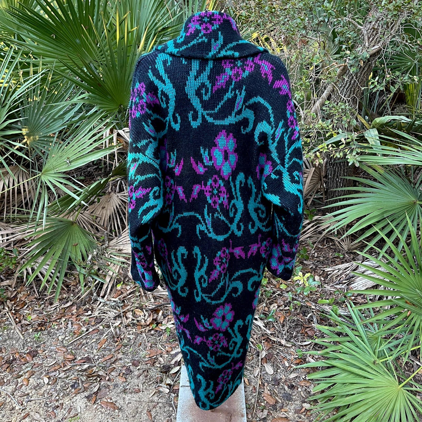 IB Diffusion Black Cardigan Sweater Coat Teal Purple Floral 80s Vtg Size M