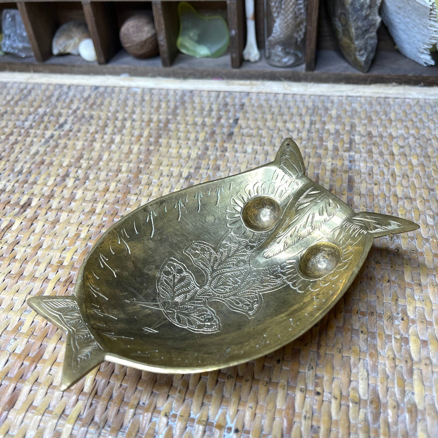 Vintage Brass Owl Trinket Dish Etched Designs Witchy Made in India Alter Decor