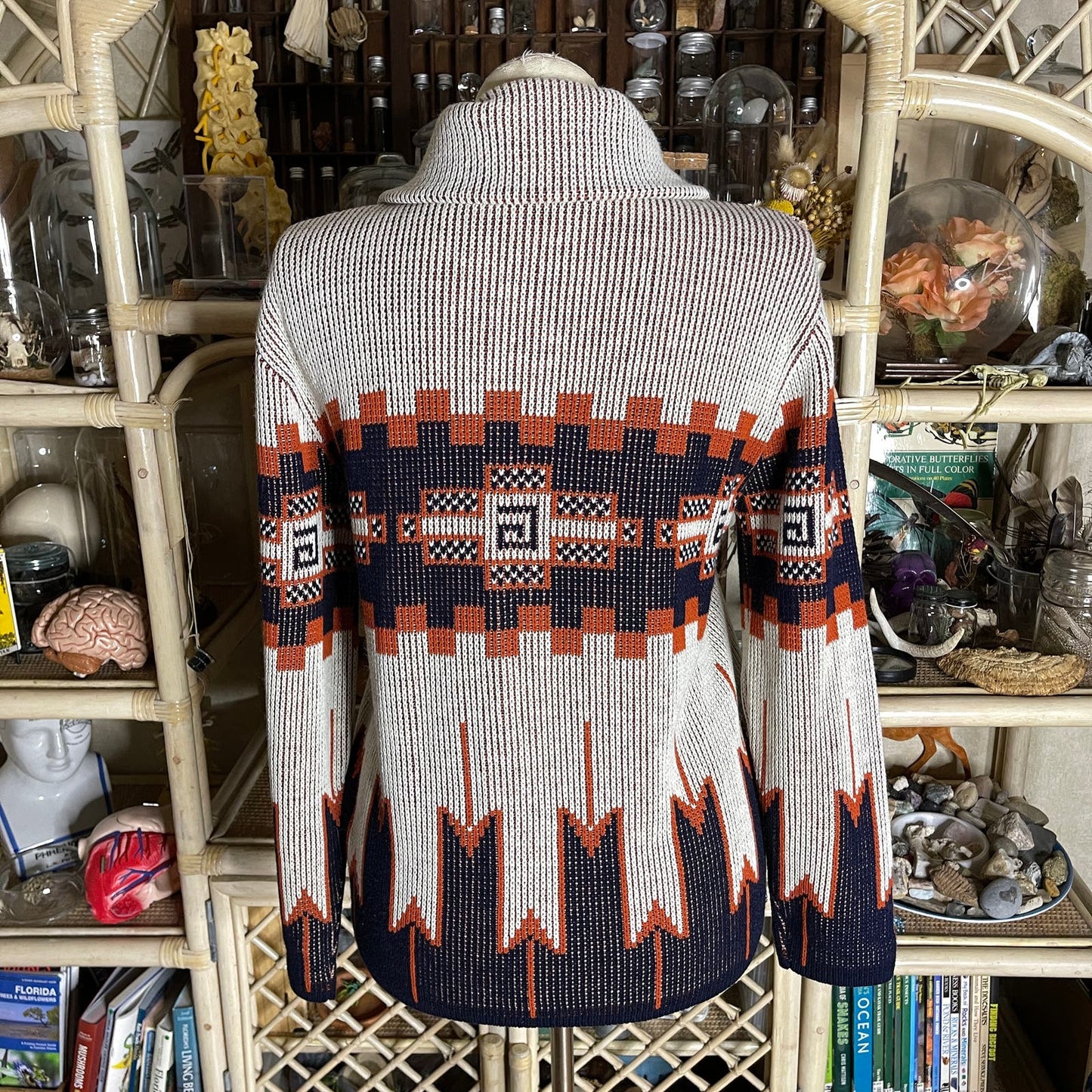 Vintage 70s Cardigan Sweater Oatmeal Blue and Orange Geometric Pattern Zip Up L