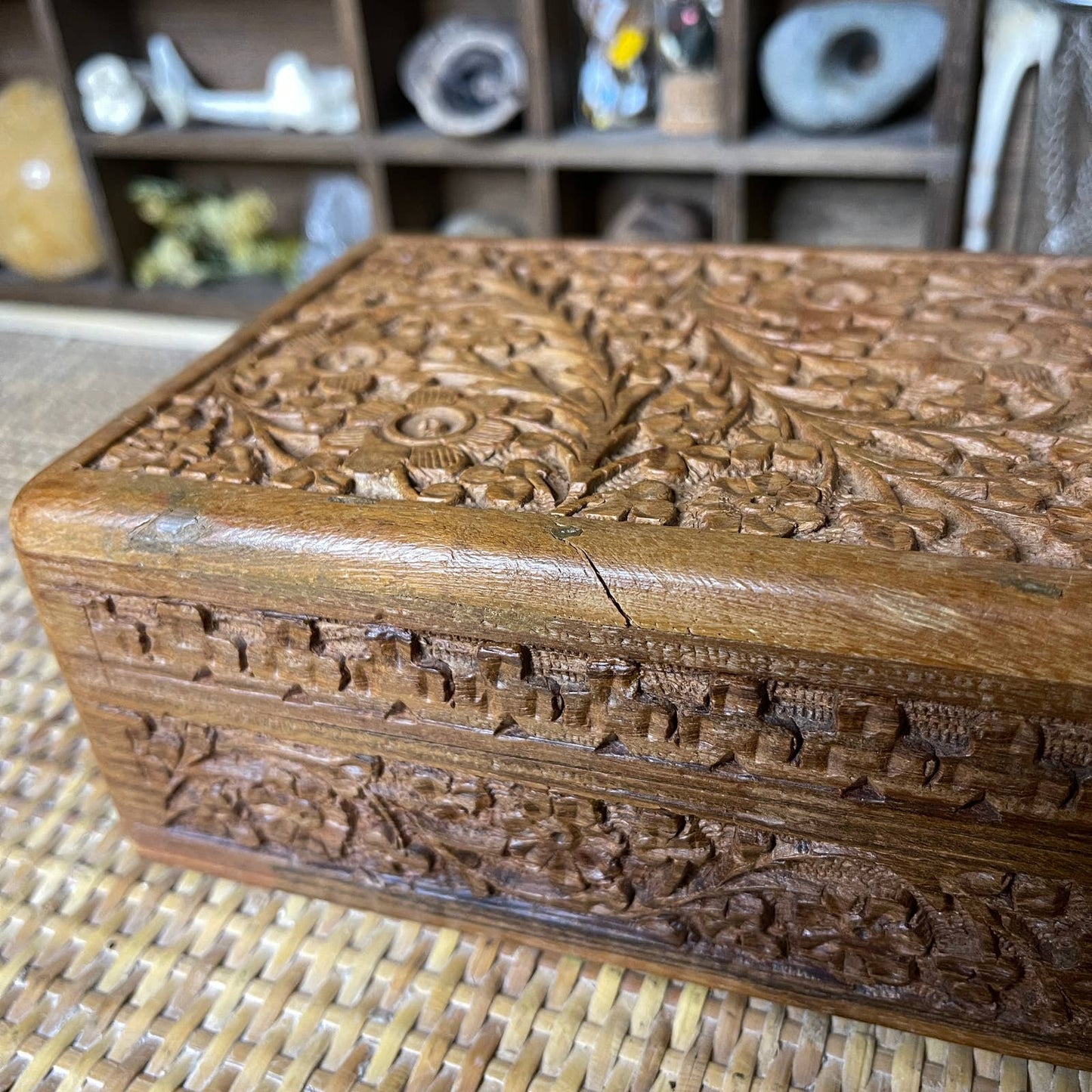 Vintage 90s Carved Wood Floral Box Altar Kit Witchy Nature Curiosities