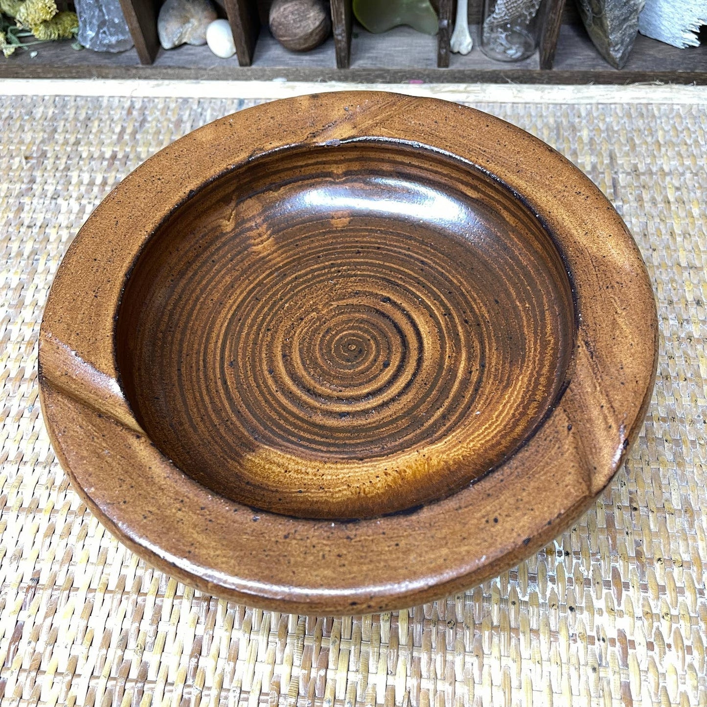 Vintage 80s Heavy Stoneware Ashtray Spiral Design Earthy Browns Large