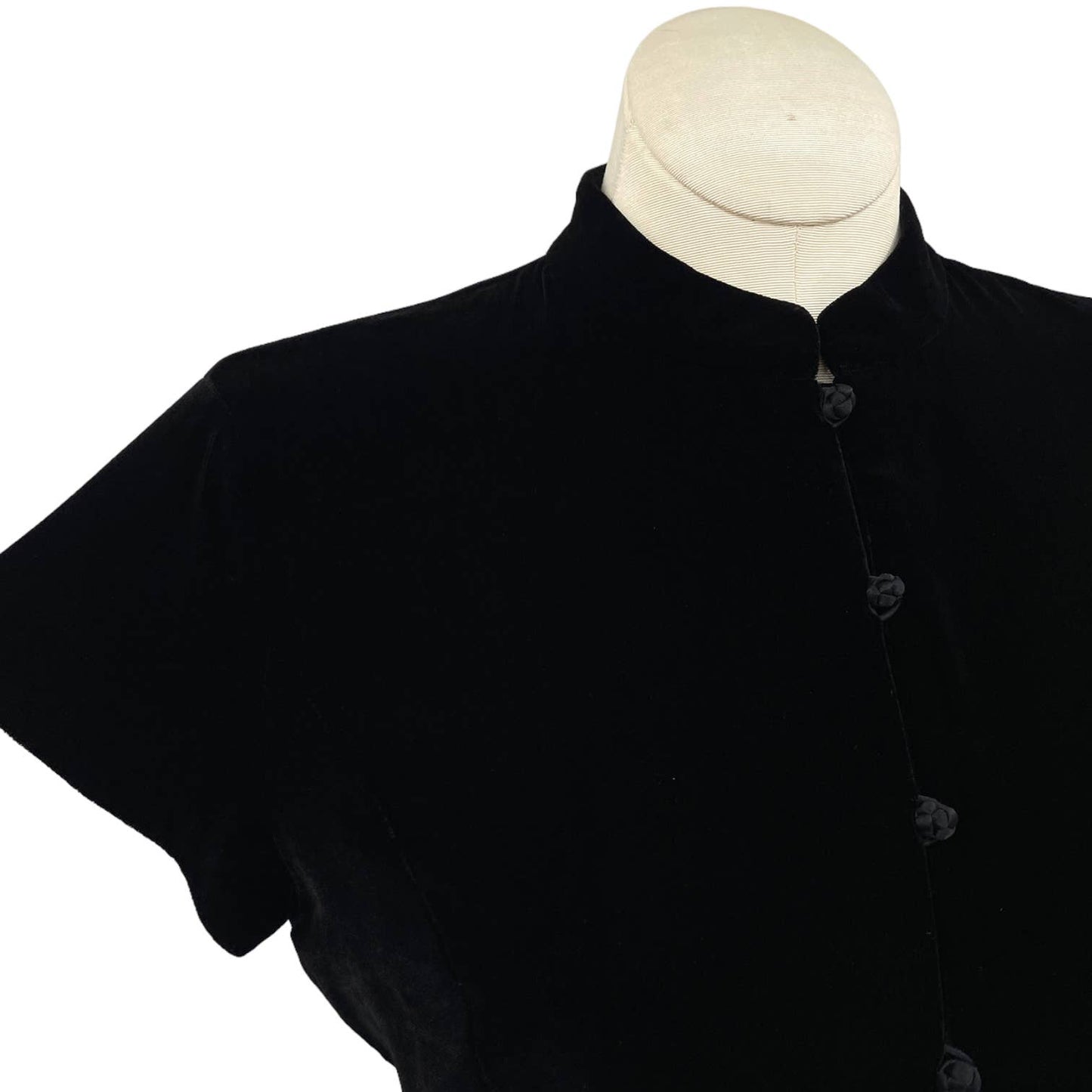 Vintage 90s Black Velvet Short Sleeve Button Up Top Mandarin Collar Ann Taylor M