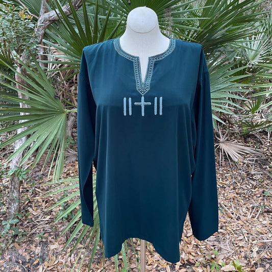 Green Tunic Long Sleeve Embroidered Split Neck Priyas Creation Size 46