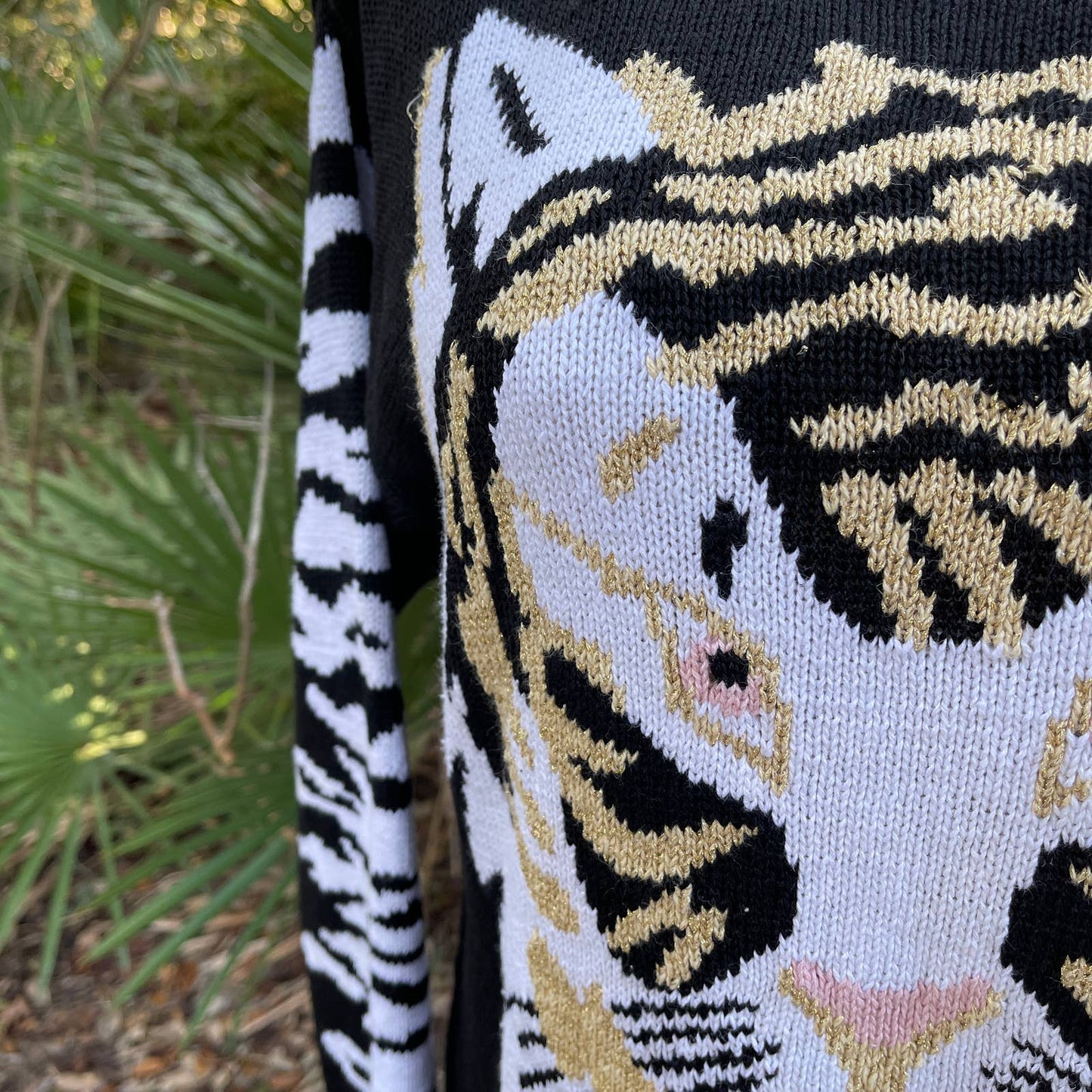 Cervelle Black White Gold Tiger Sweater Stripes Oversized 80s Vtg Size M