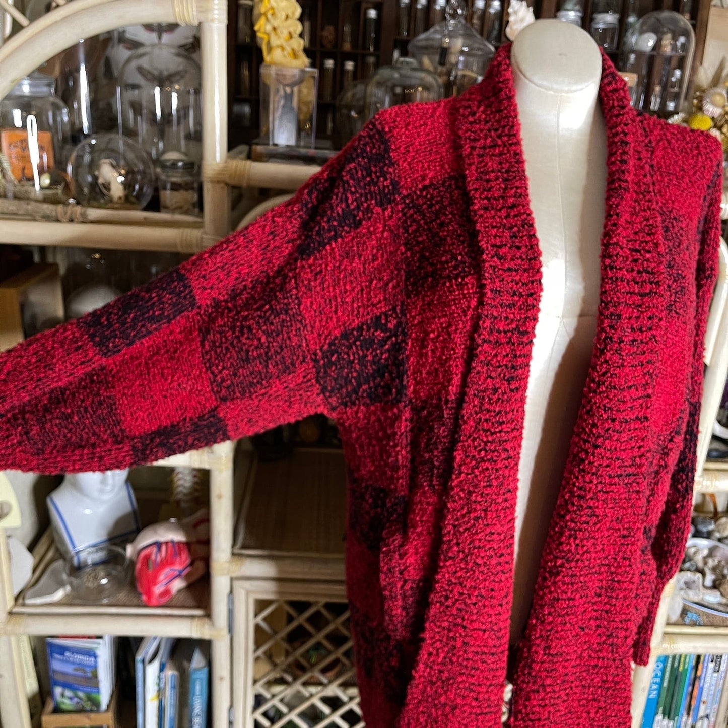Vintage 80s Soft Boucle Cardigan Sweater Red Black Buffalo Plaid Long Pockets L