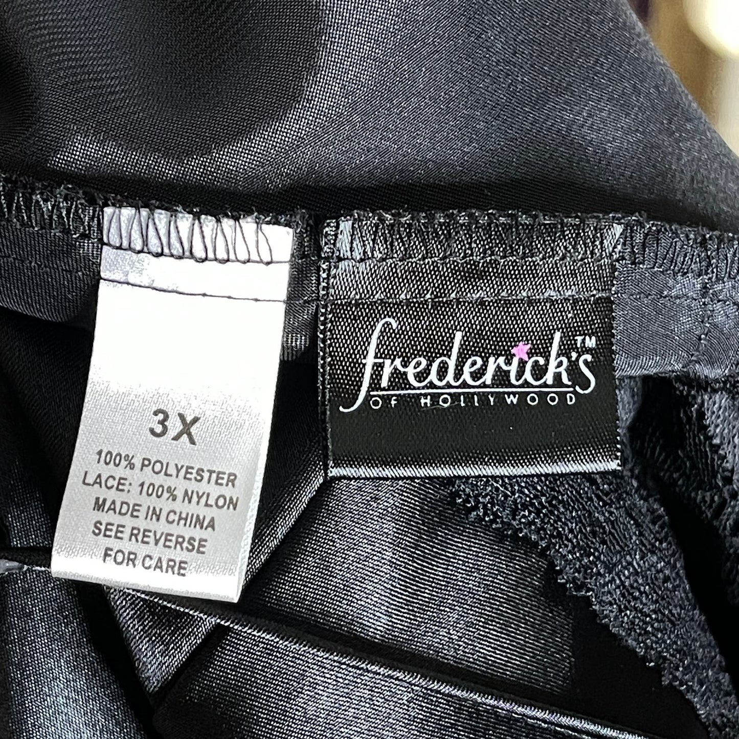 Fredericks of Hollywood Black Satin Nightie Slip Dress Lace Trim Volup Size 3X
