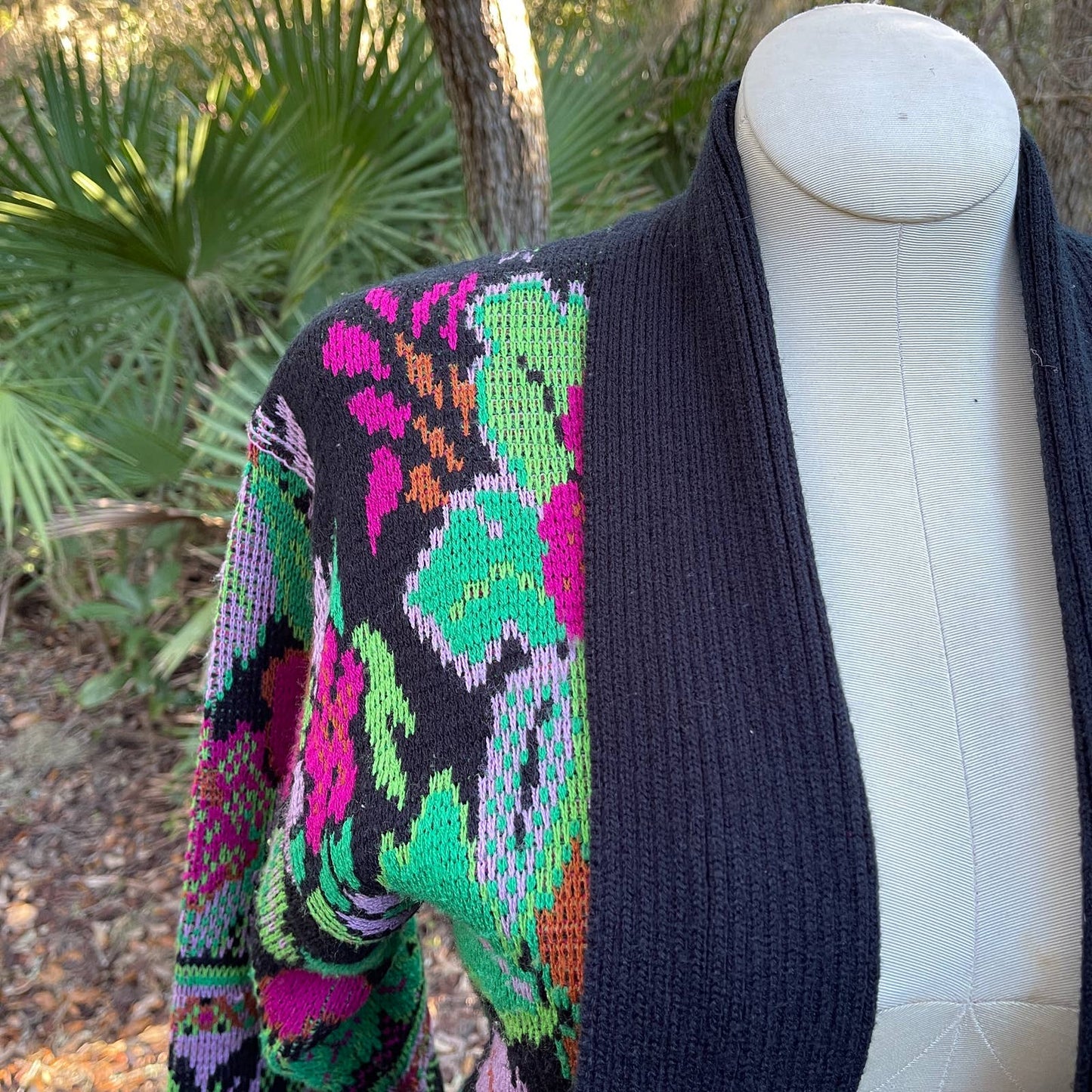 Accent Black Pink and Green Cardigan Sweater Open Front 80s Vtg Size M