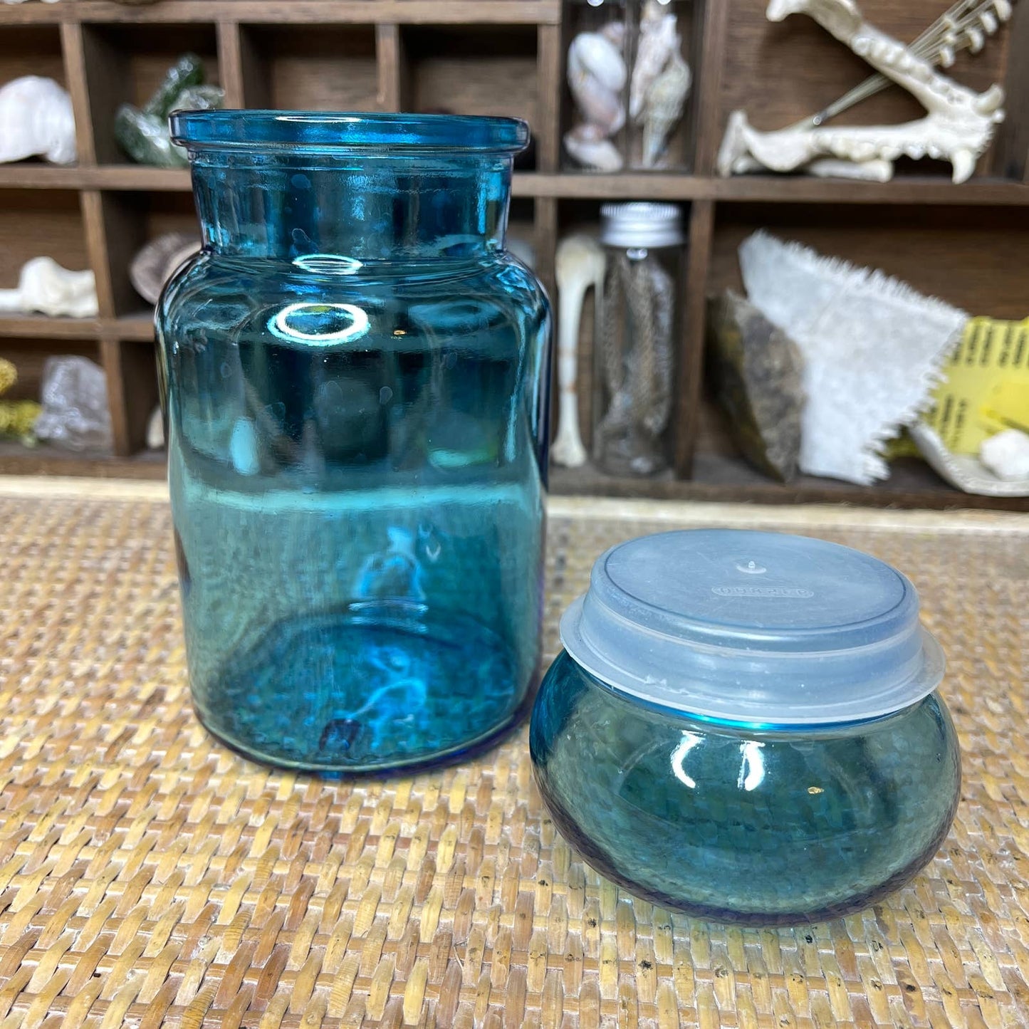 Vintage 70s Teal Blue Bubble Top Apothecary Jar Witchy Kitchen Storage Belgium