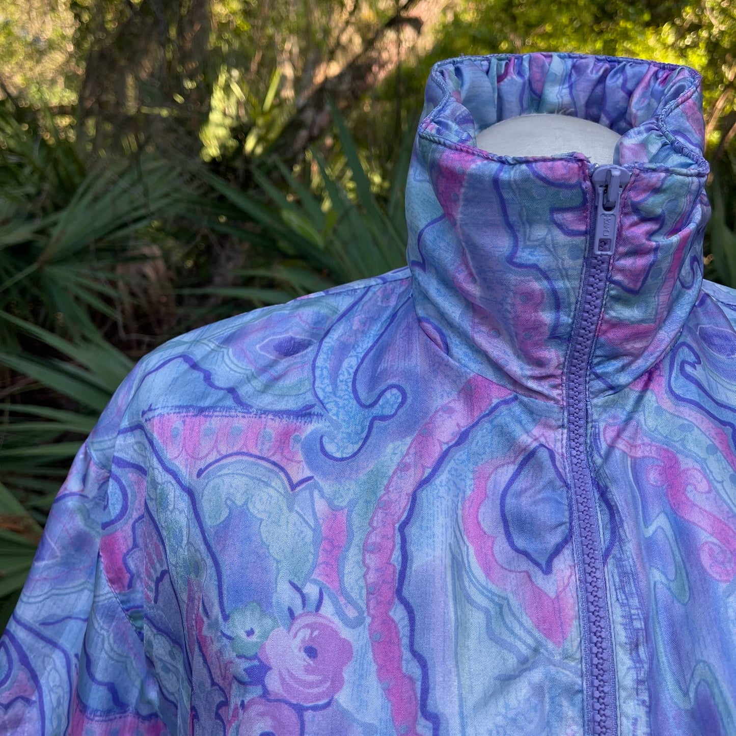 Vintage 80s Pastel Paisley Windbreaker Ruched Collar Pockets Lilys Size M