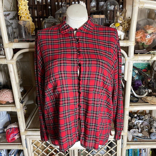 Gap Vintage 90s Red Plaid Top Peter Pan Collar Long Sleeve Rayon Size L