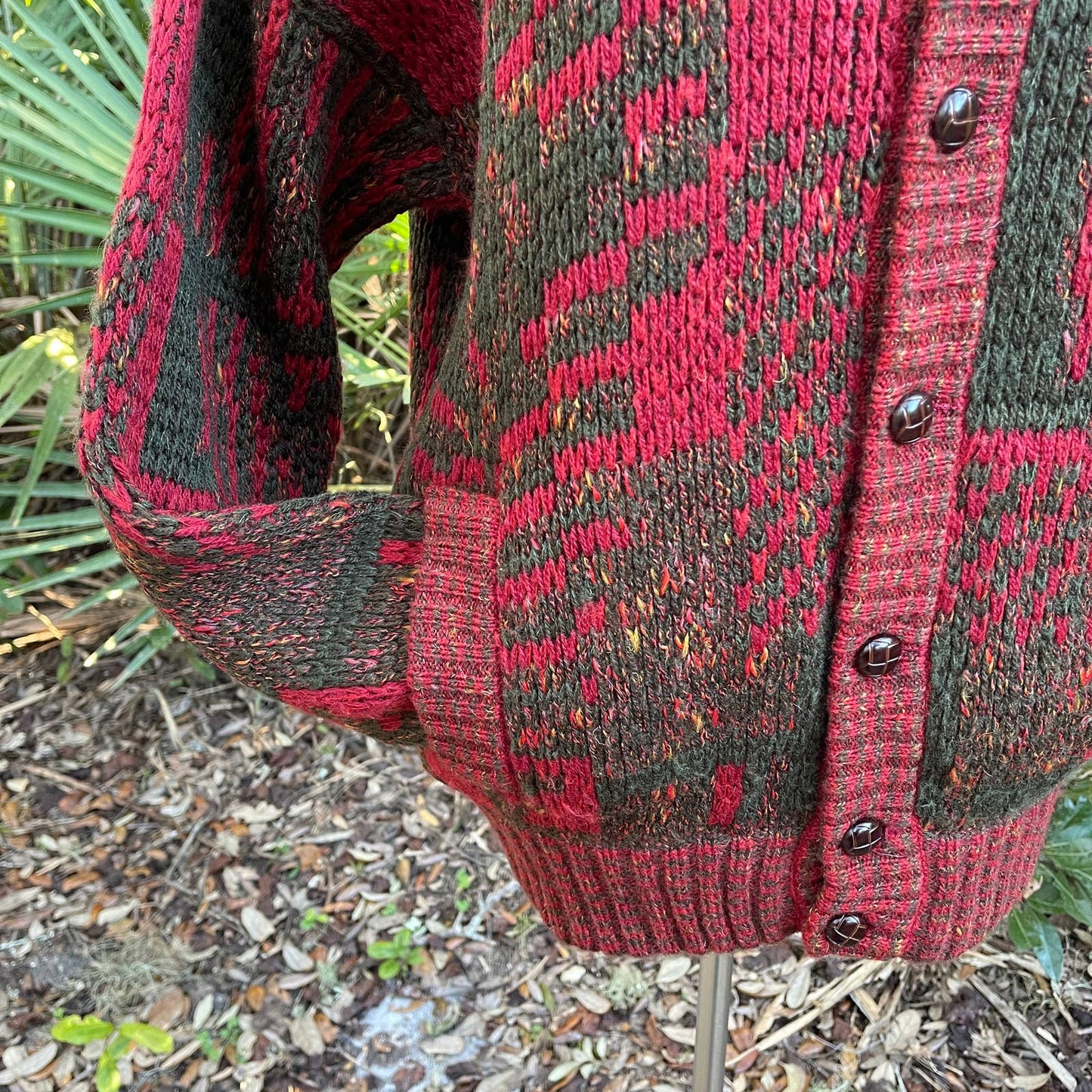 GRM Red and Green Geometric Cardigan Sweater Unissex Pockets 80s Vtg Size L