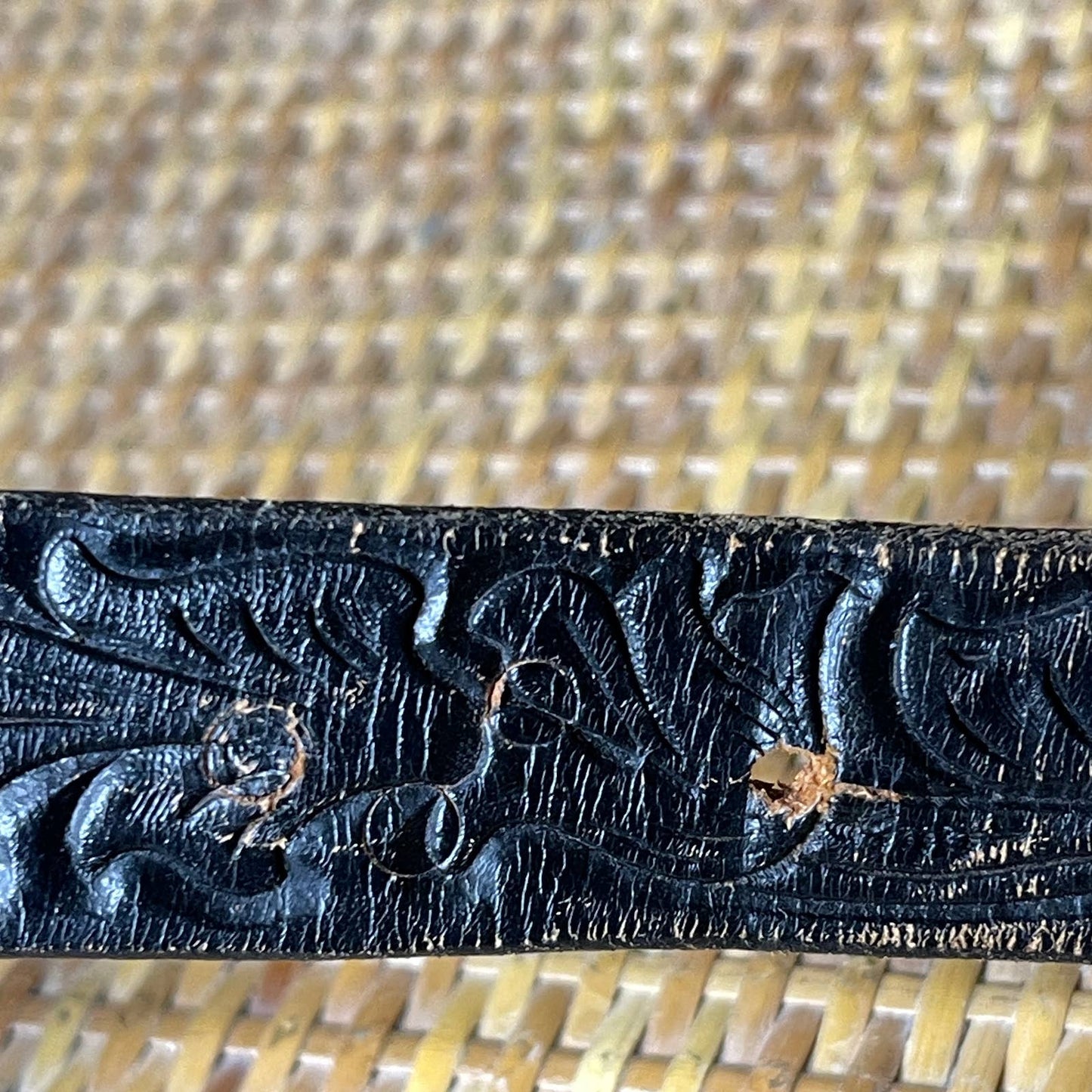 Vintage 70s Black Leather Belt Tooled Belt Floral Design Metal Buckle