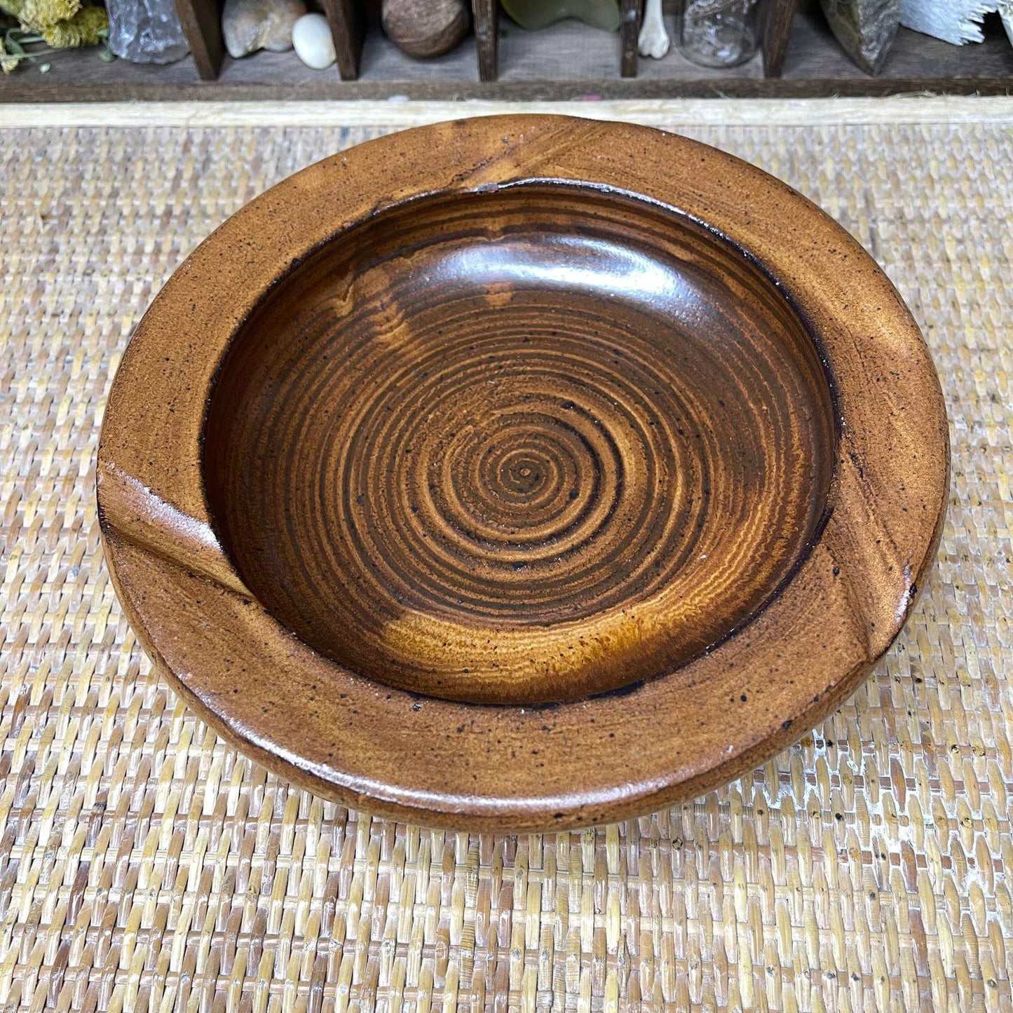 Vintage 80s Heavy Stoneware Ashtray Spiral Design Earthy Browns Large