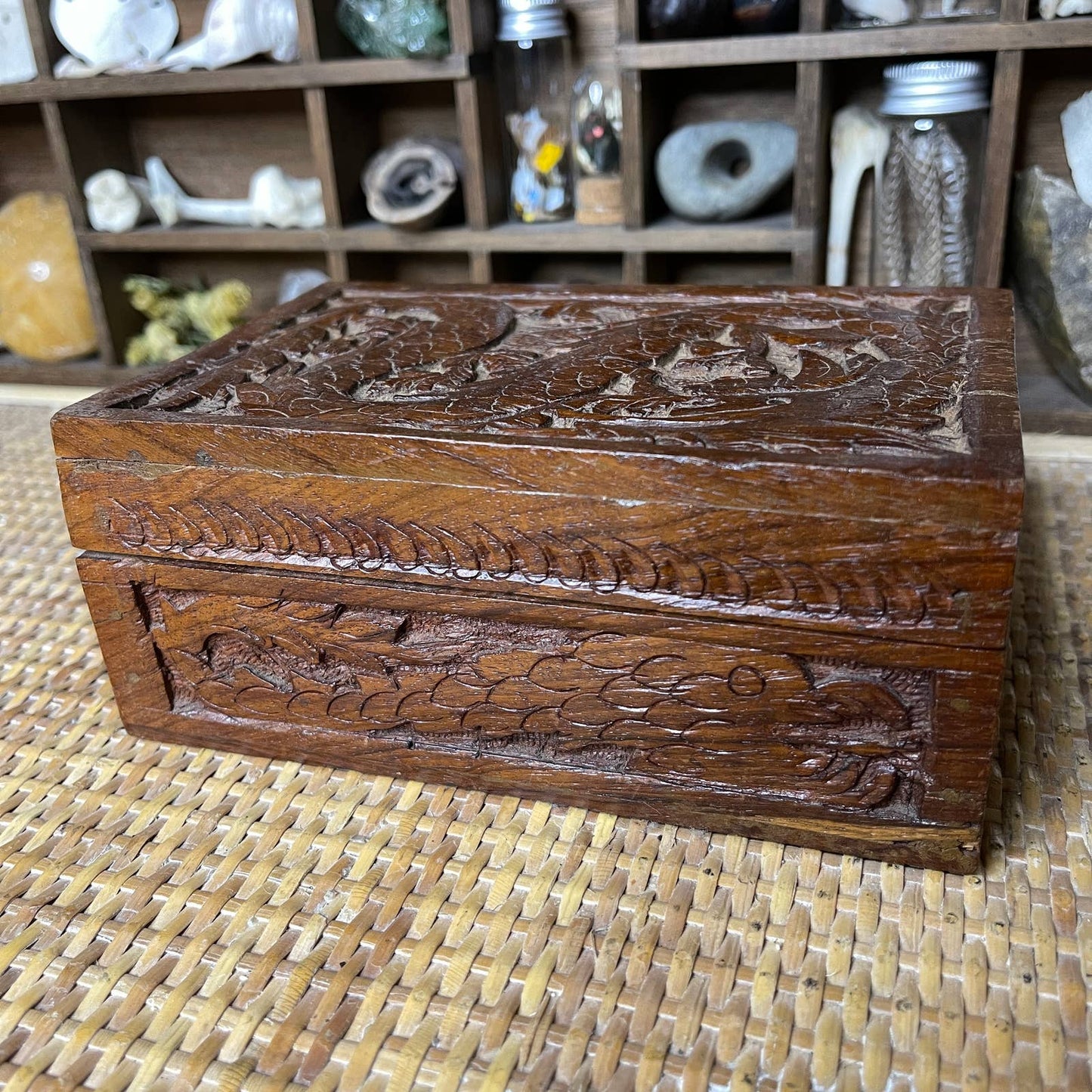 Vintage 90s Carved Wood Dragon Box Altar Kit Witchy Nature Curiosities