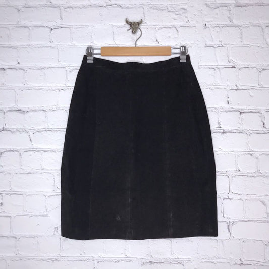 Vintage 90s Black Suede Leather Pencil Skirt Back Slit Size 10