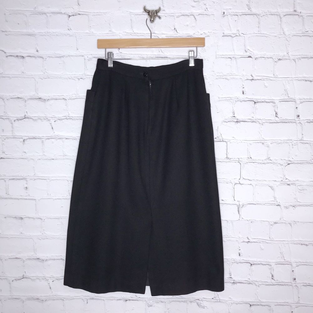 Vintage 80s Black Wool Mid Skirt A Line Stephen Douglas Ltd Size 10