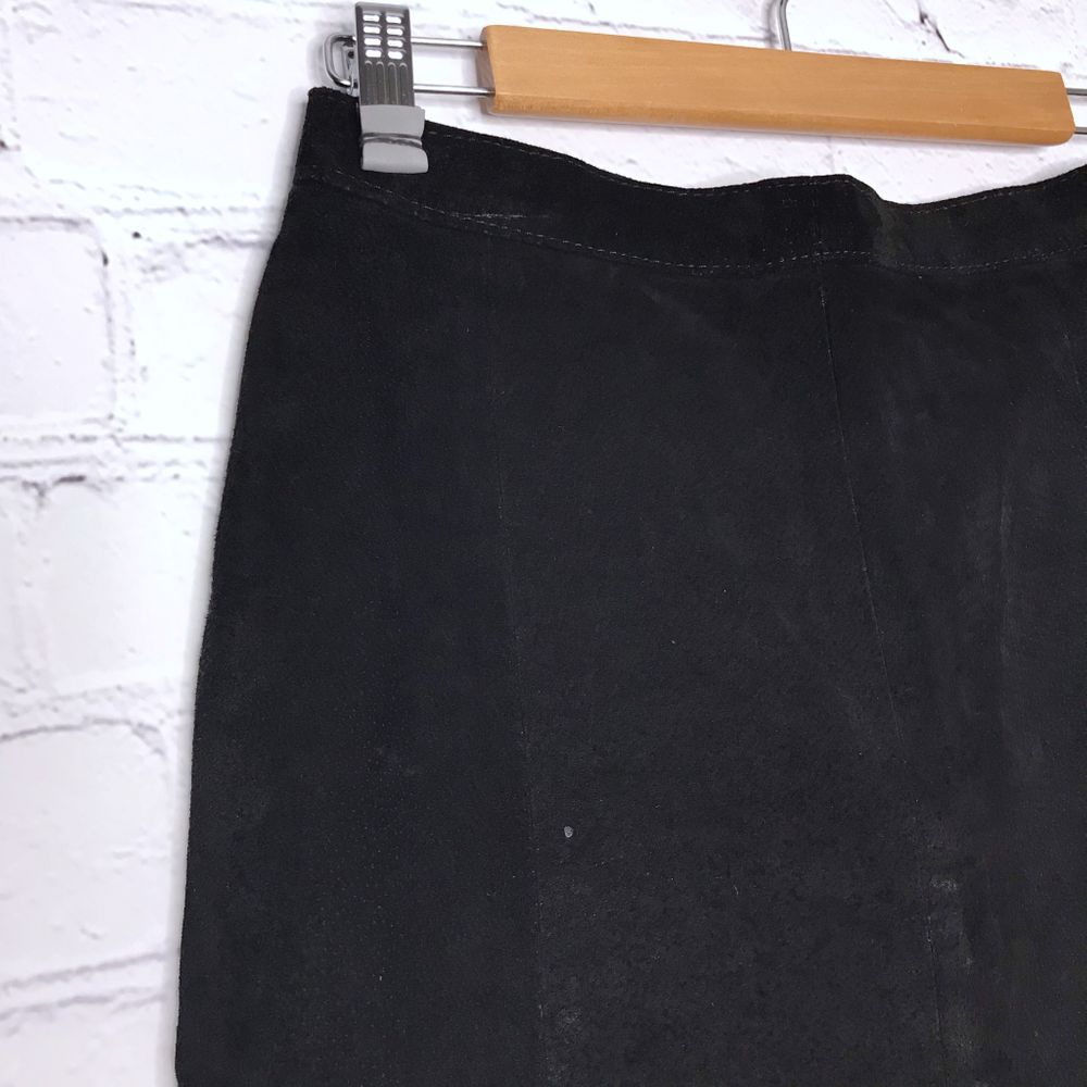 Vintage 90s Black Suede Leather Pencil Skirt Back Slit Size 10