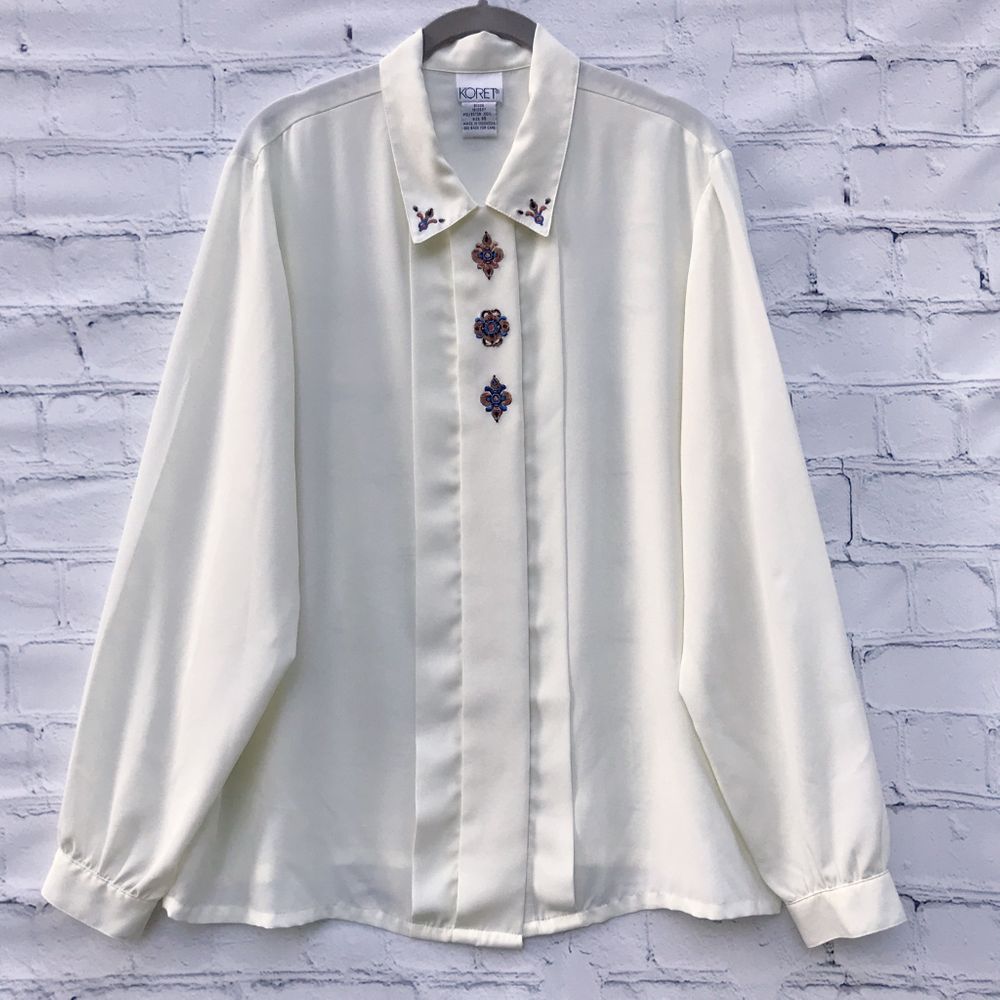 Vintage 90s Cream Blouse Embroidered Pearl Button Koret Volup Size 16
