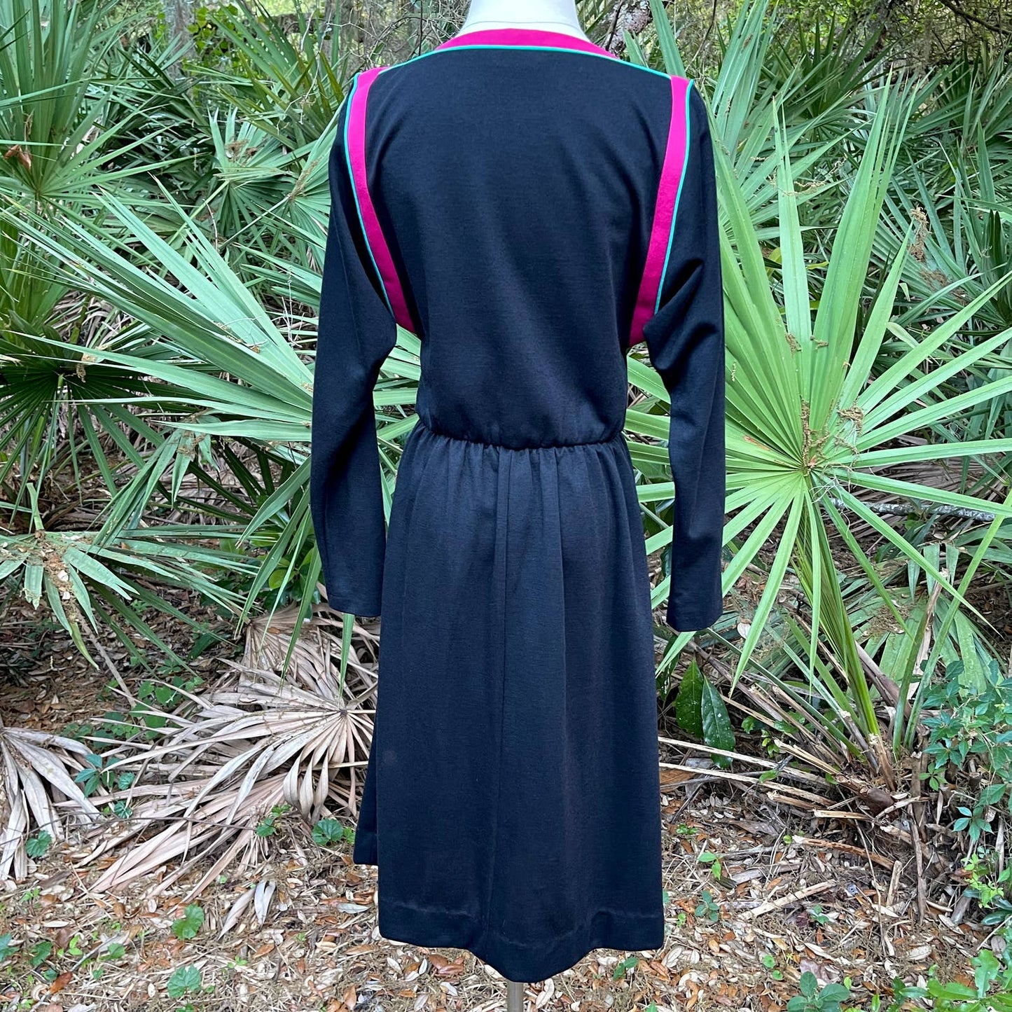 Vintage 80s Black Midi Dress Pink Teal Trim Long Sleeves Career Guild Size M