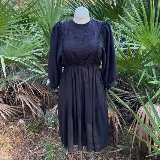 Vintage 80s Black Midi Dress Lace Front Sheer Puff Sleeves Johns Girl Size 8