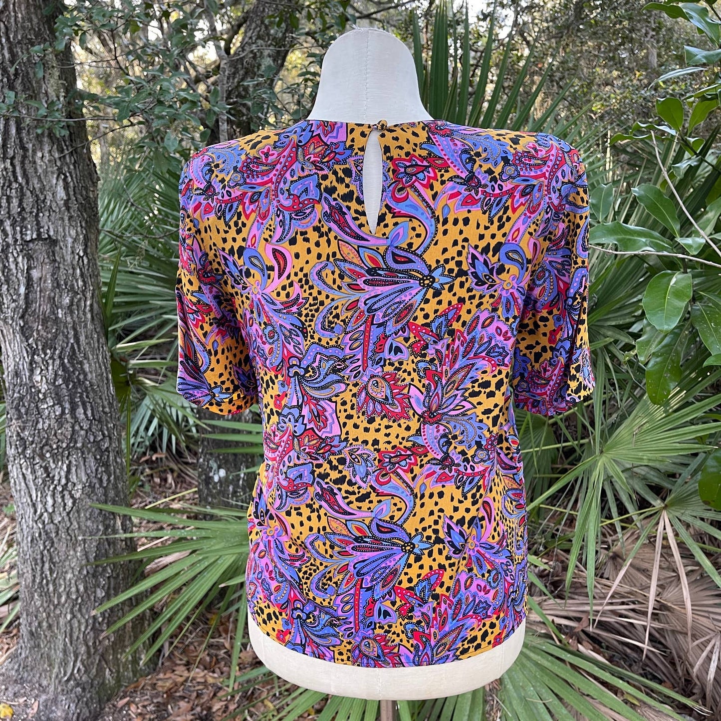 Vintage 90s Silk Blouse Cheetah Paisley Short Sleeve Christie and Jill Size M