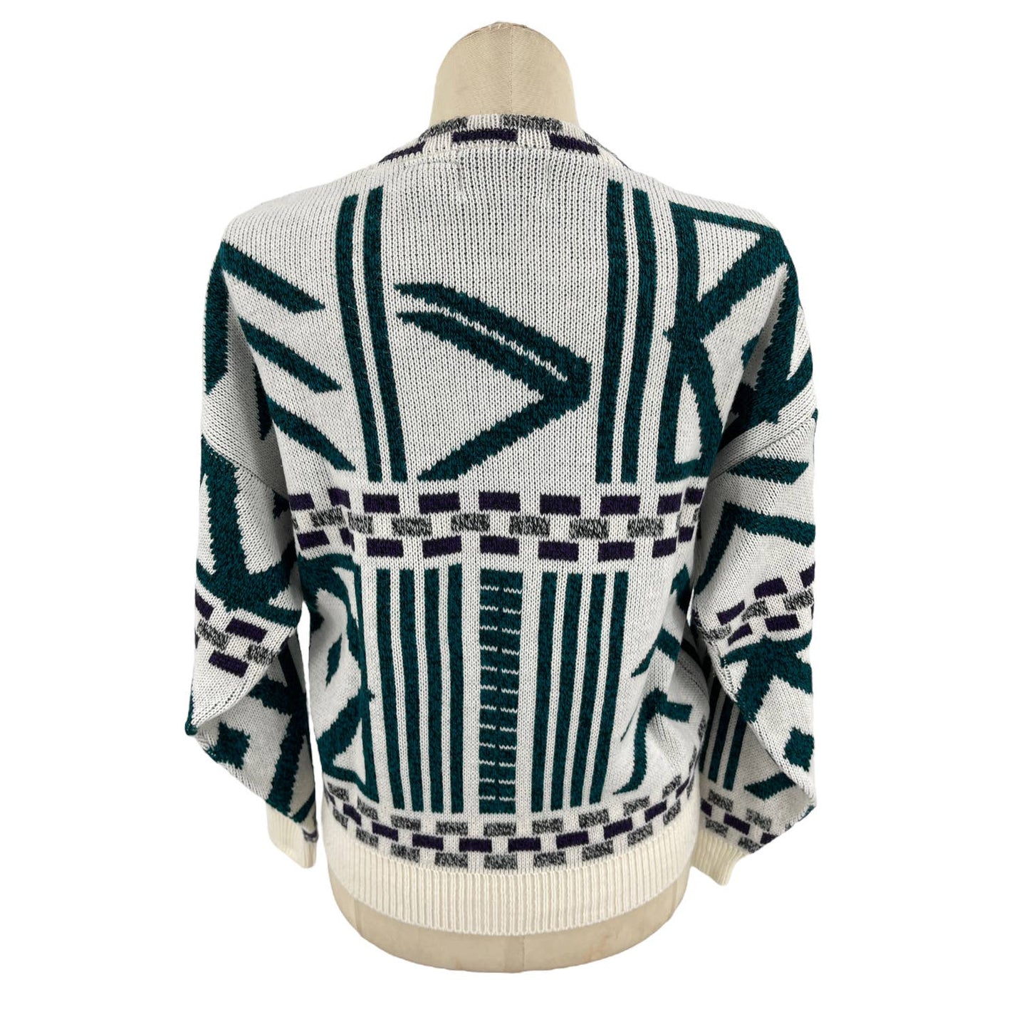 Vintage 80s Cream Geometric Sweater Leather Details Pullover El Dorado Size XL