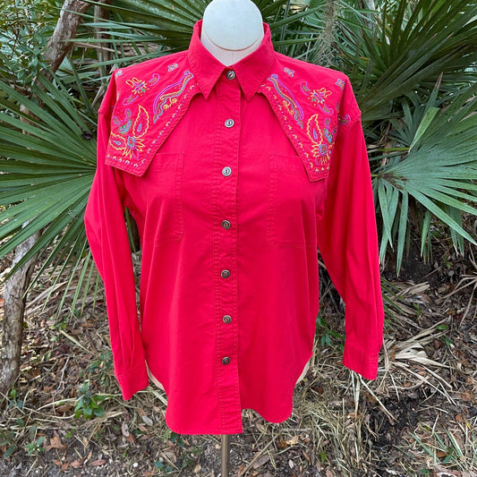 Vintage 90s Pink Embroidered Cotton Button Up Shirt Western Southwest Canyon L