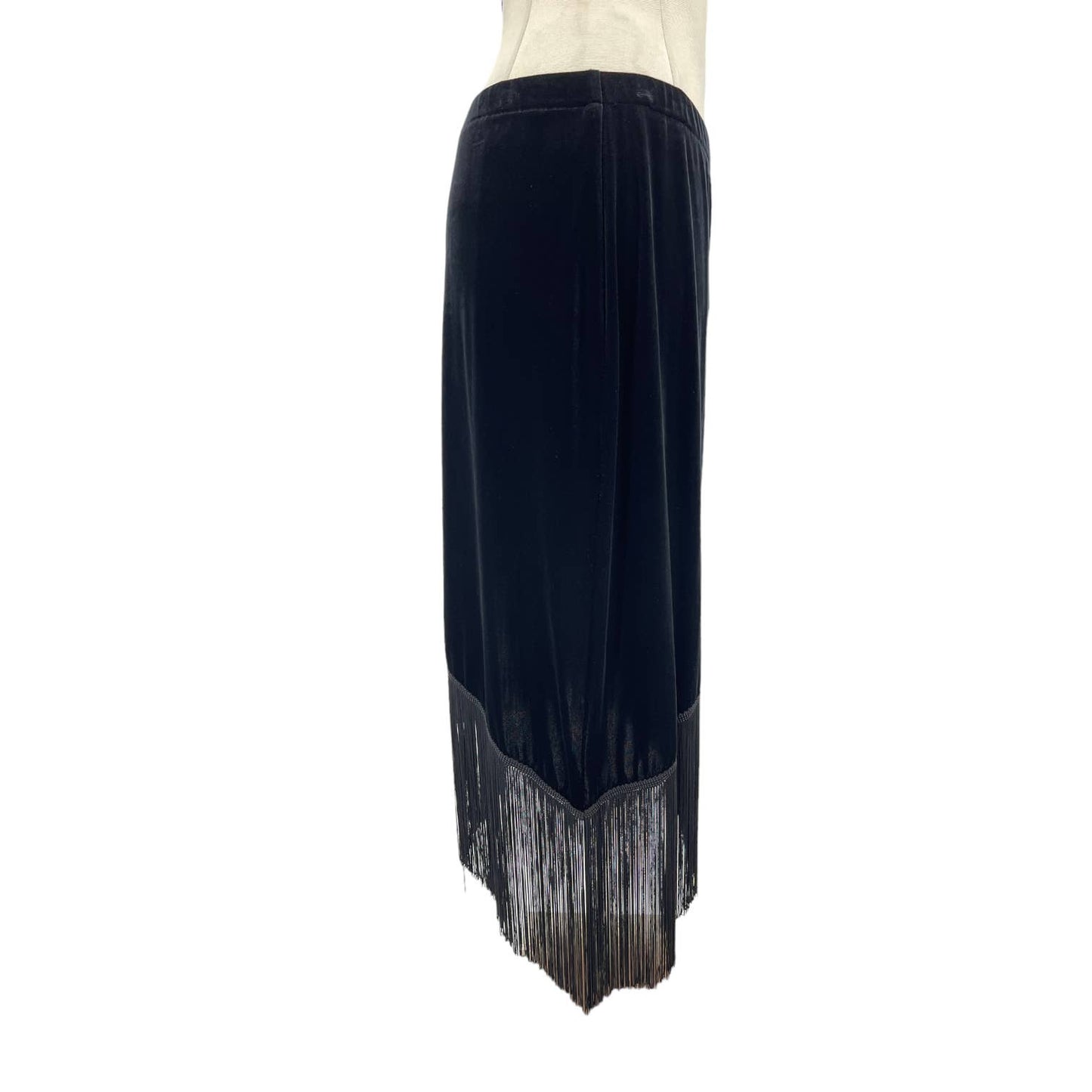 Vintage 90s Black Velvet Pencil Skirt Asymmetric Fringe Hem JS Collections 16