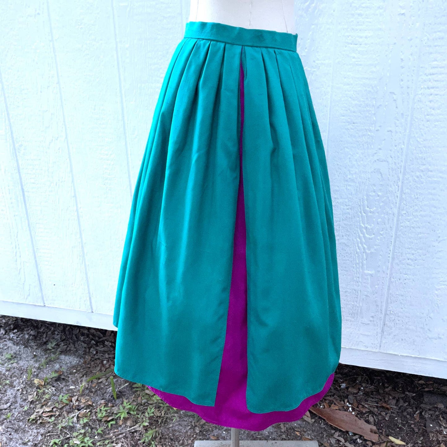 Vintage 80s Teal Purple Silk Dupioni Midi Skirt Overlay Pleats Anne Klein Size 8