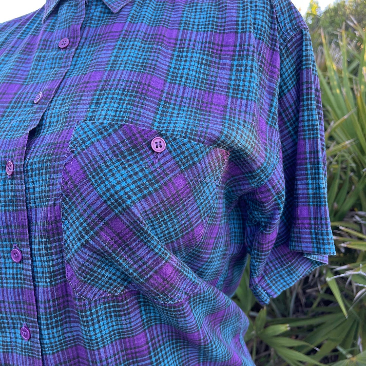 Vintage 90s Plaid Cotton Shirt Blue Purple Button Up Short Sleeve Soobee Size M